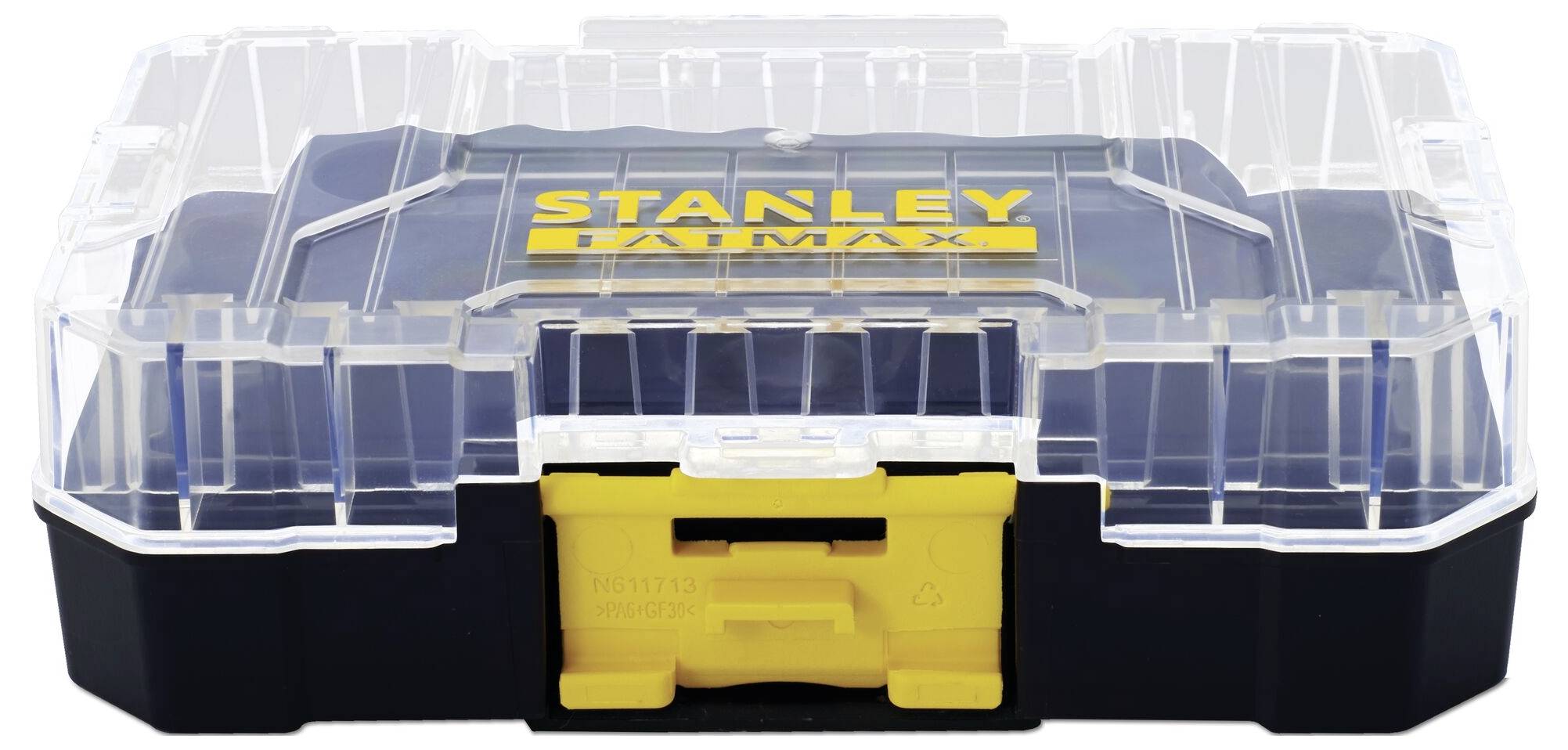 Transparente Werkzeugbox mit schwarzem Boden und gelbem Verschluss. Auf dem Deckel steht 'STANLEY FATMAX' in Gelb.