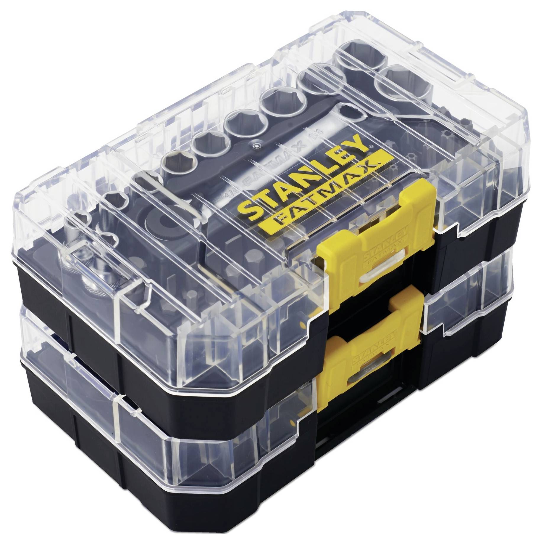 Durchsichtige Werkzeugbox mit gelben Verschlüssen und der Aufschrift 'Stanley Fatmax' auf dem Deckel. Stapelbar und robust.