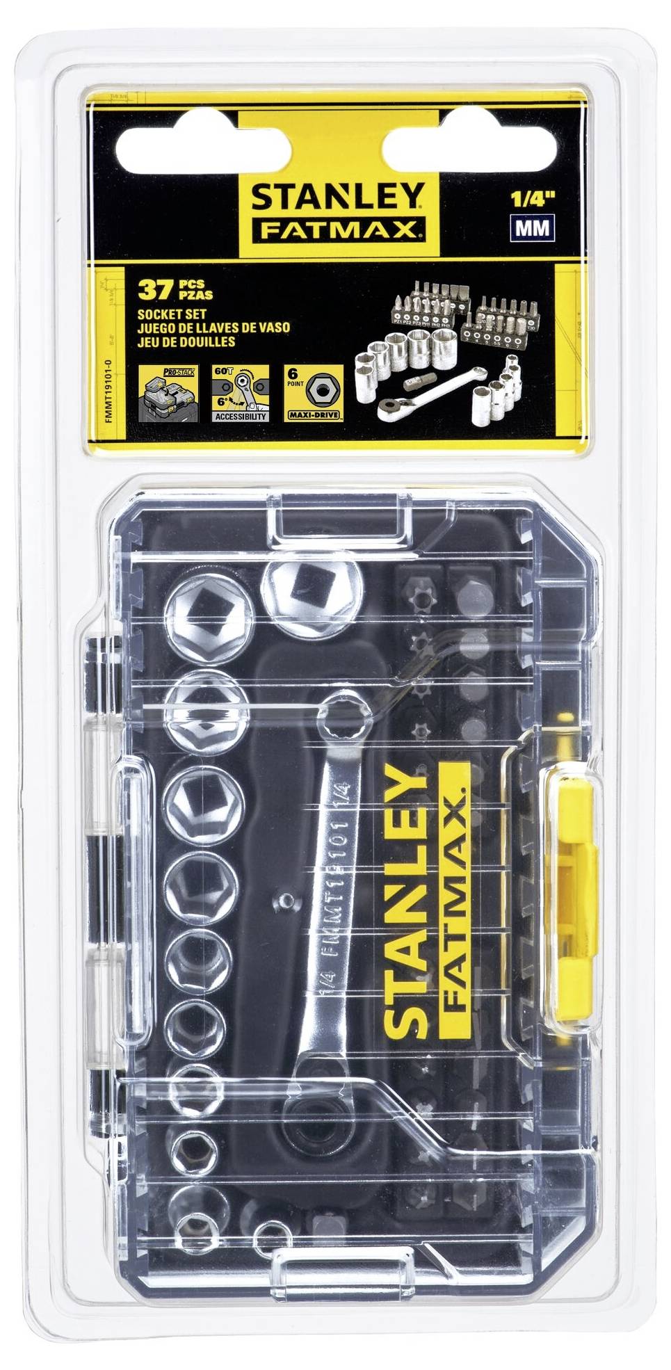 'STANLEY FATMAX 37-teiliges Steckschlüssel-Set', Abbildung des Werkzeugsatzes mit verschiedenen Steckschlüsseln und Zubehör in Kunststoffbox.