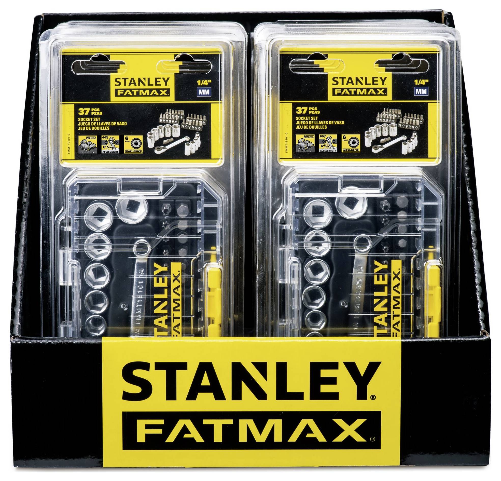'Stanley Fatmax'-Werkzeugset, besteht aus zwei 37-teiligen Steckschlüssel-Sätzen in transparenter Verpackung.