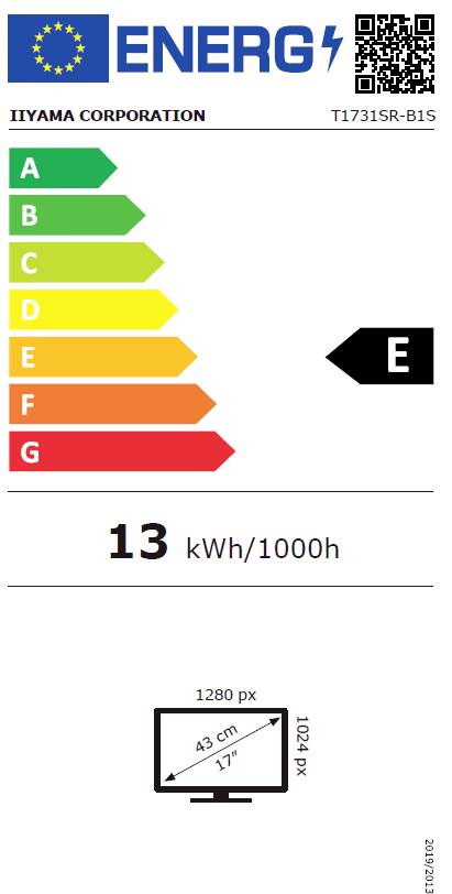 'Energielabel' für einen Monitor von Iiyama. Effizienzklasse E, Energieverbrauch 13 kWh/1000h. Diagramm zeigt Monitorgröße: 43 cm (17 Zoll).