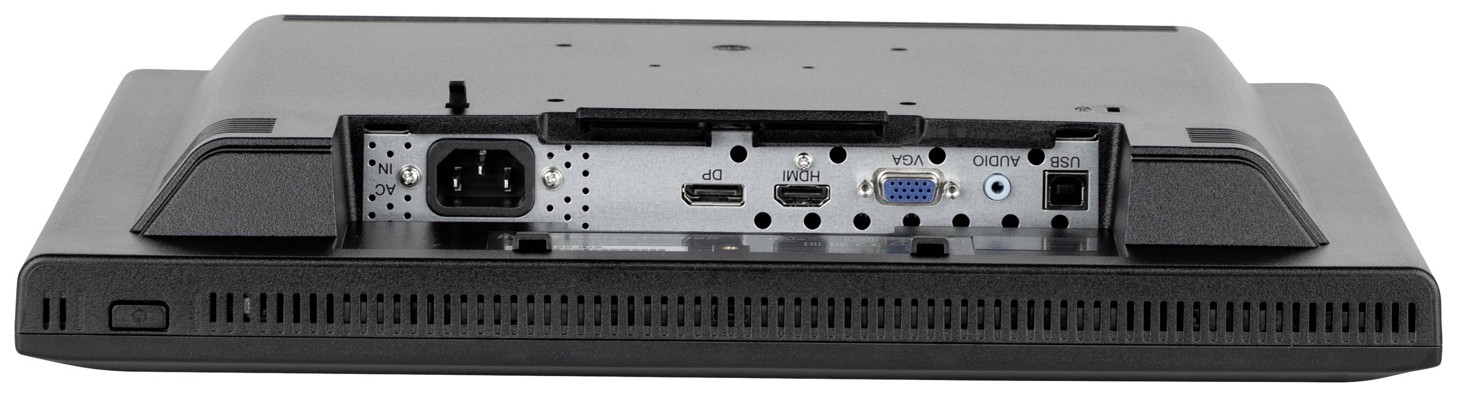 Rückansicht eines Monitors mit verschiedenen Anschlüssen: Netzstecker, HDMI, DisplayPort, VGA und Audioschnittstelle.