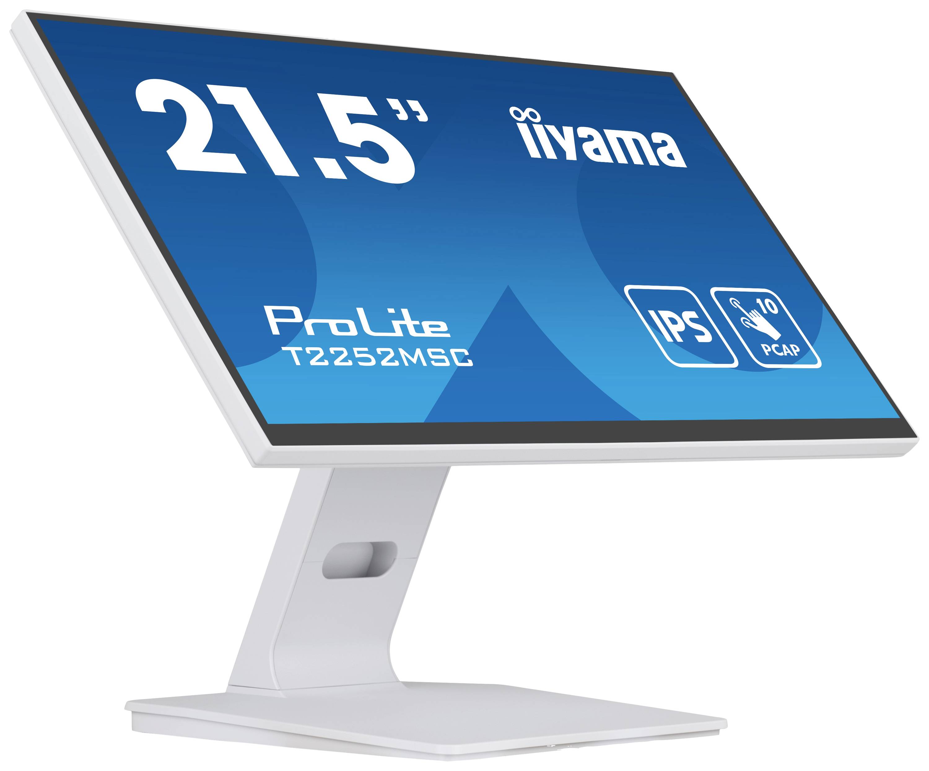 Flacher weißer Monitor mit 21,5 Zoll Bildschirmdiagonale, Marke 'iiyama', Modell 'ProLite T2252MSC', verfügt über IPS- und kapazitive Touch-Technologie.