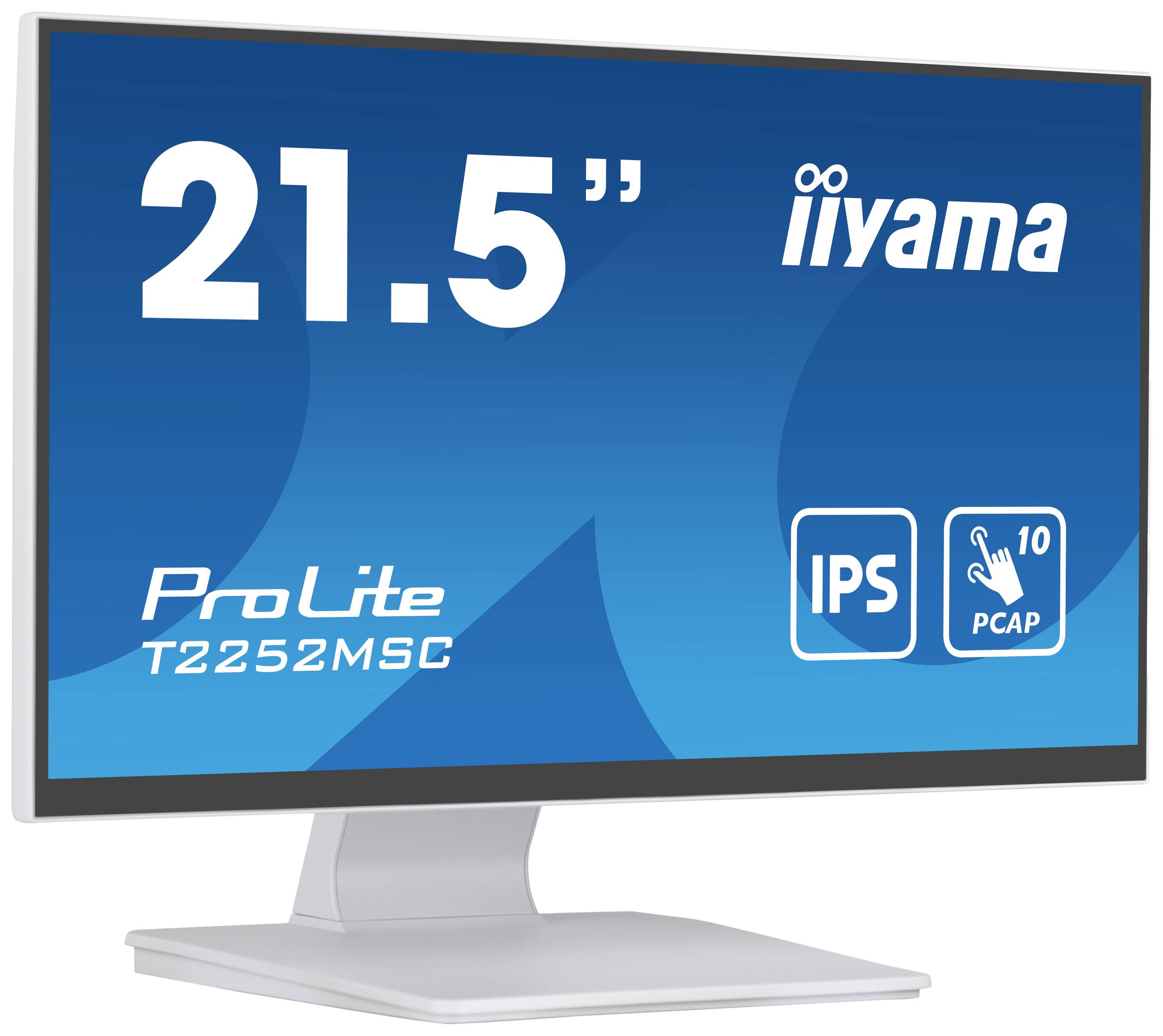 Ein 21,5-Zoll-Monitor von iiyama, Modell ProLite T2252MSC, mit IPS- und Touchscreen-Funktionalität. Hintergrund in Blau.