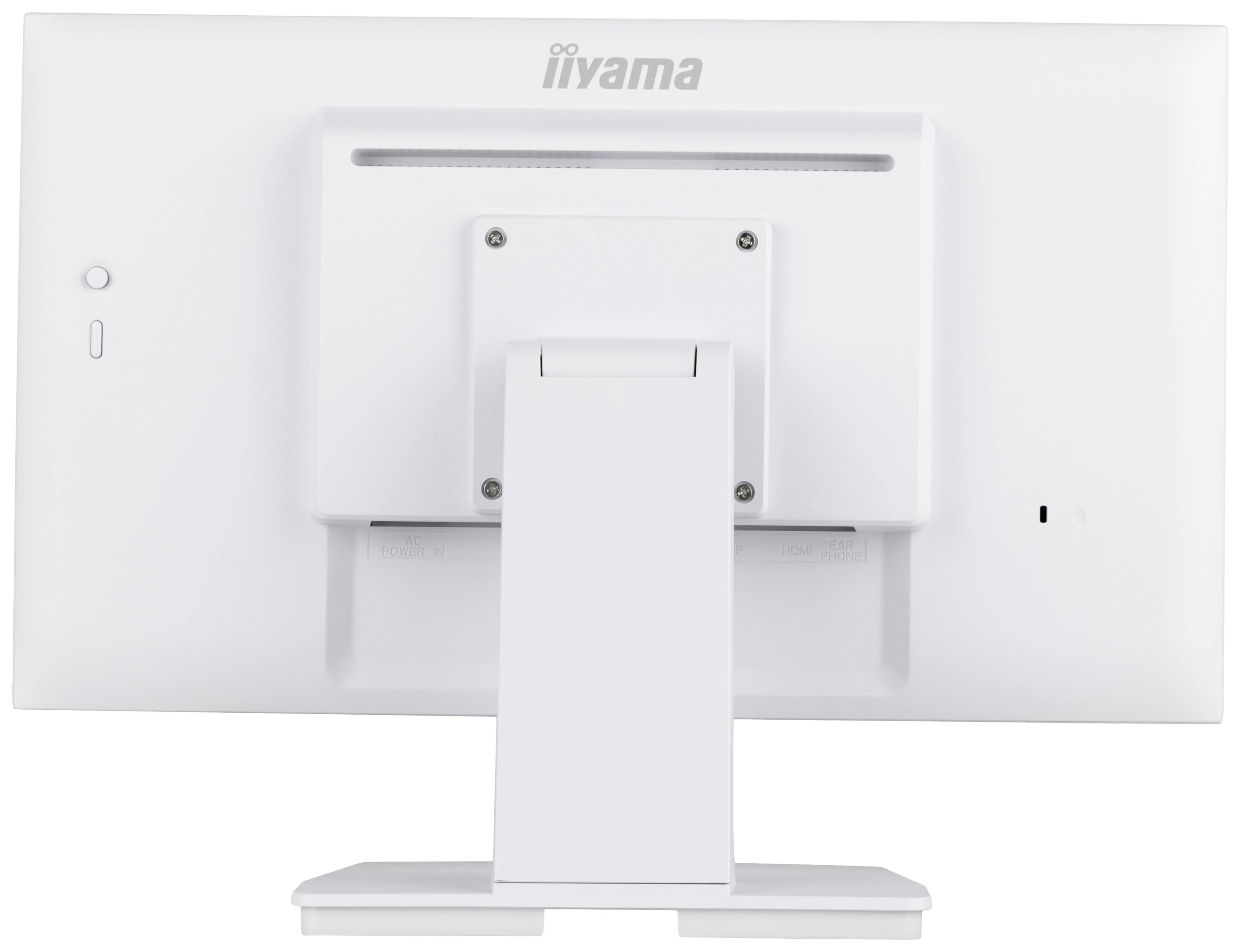 Ein weißer Monitor von hinten, montiert auf einem Standfuß. Das Markenlogo 'iiyama' ist oben sichtbar.