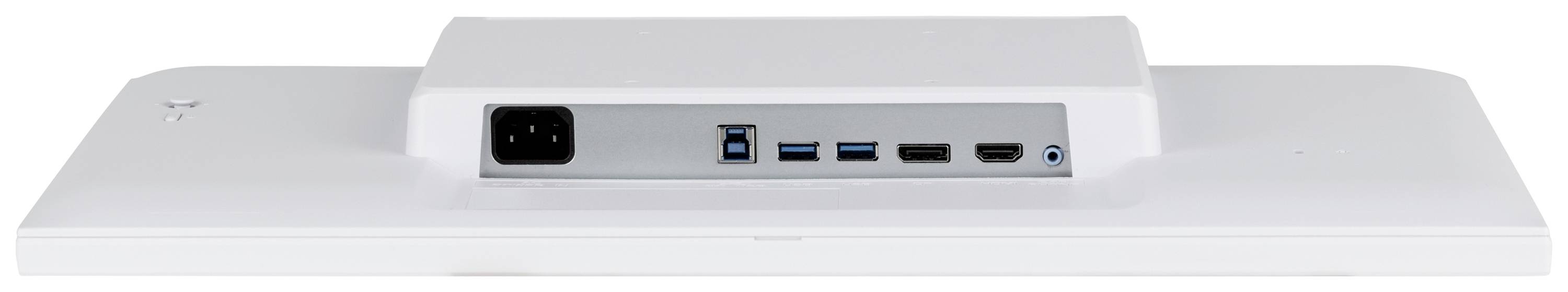 Rückseite eines weißen Monitors mit mehreren Anschlüssen: Strom, zwei USB-Anschlüsse, HDMI und Kopfhöreranschluss.