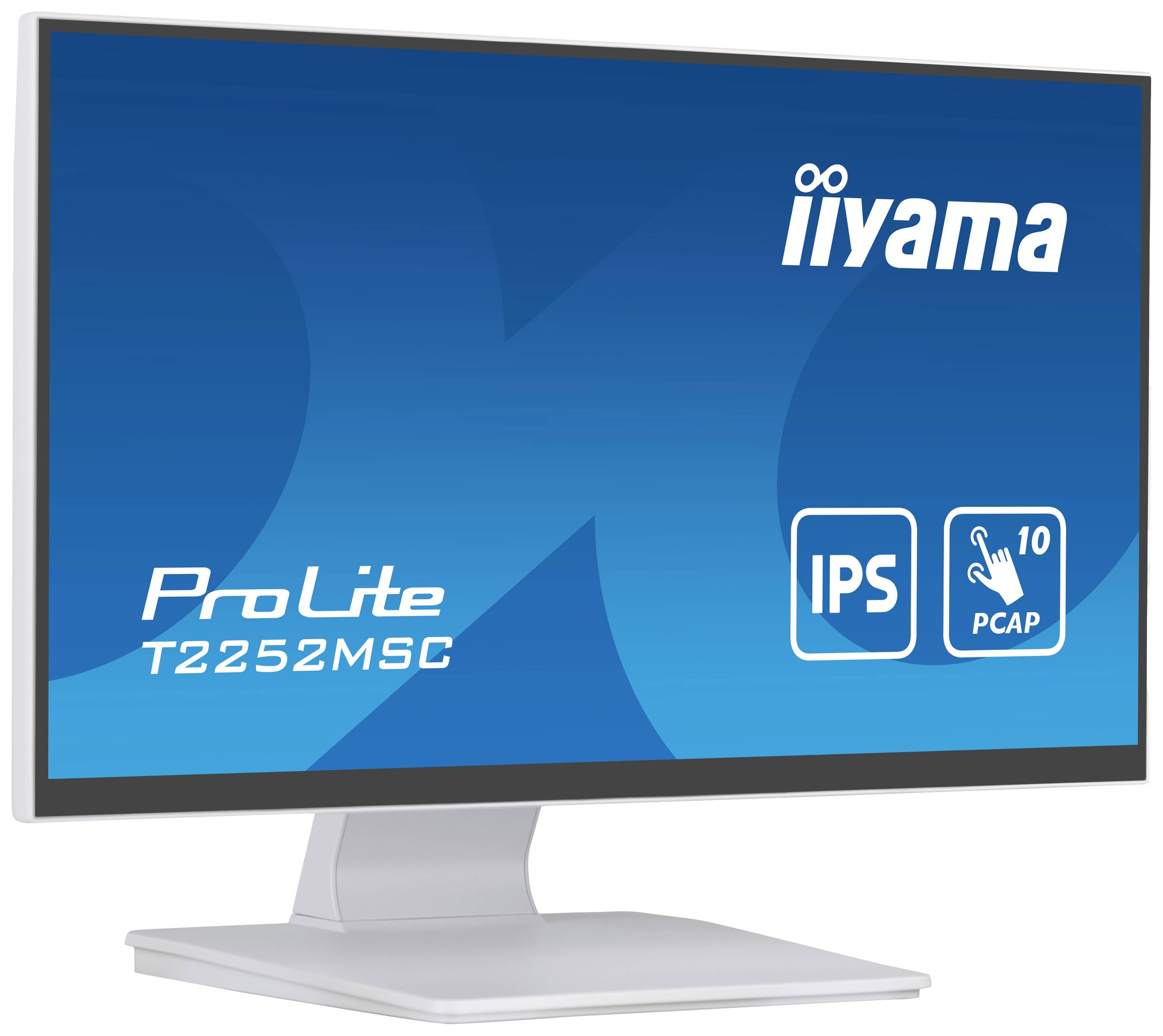 Ein Monitor mit dem Logo 'iiyama ProLite T2252MSC'. Auf dem Bildschirm sind Symbole für IPS-Display und PCAP-Touchscreen-Technologie.