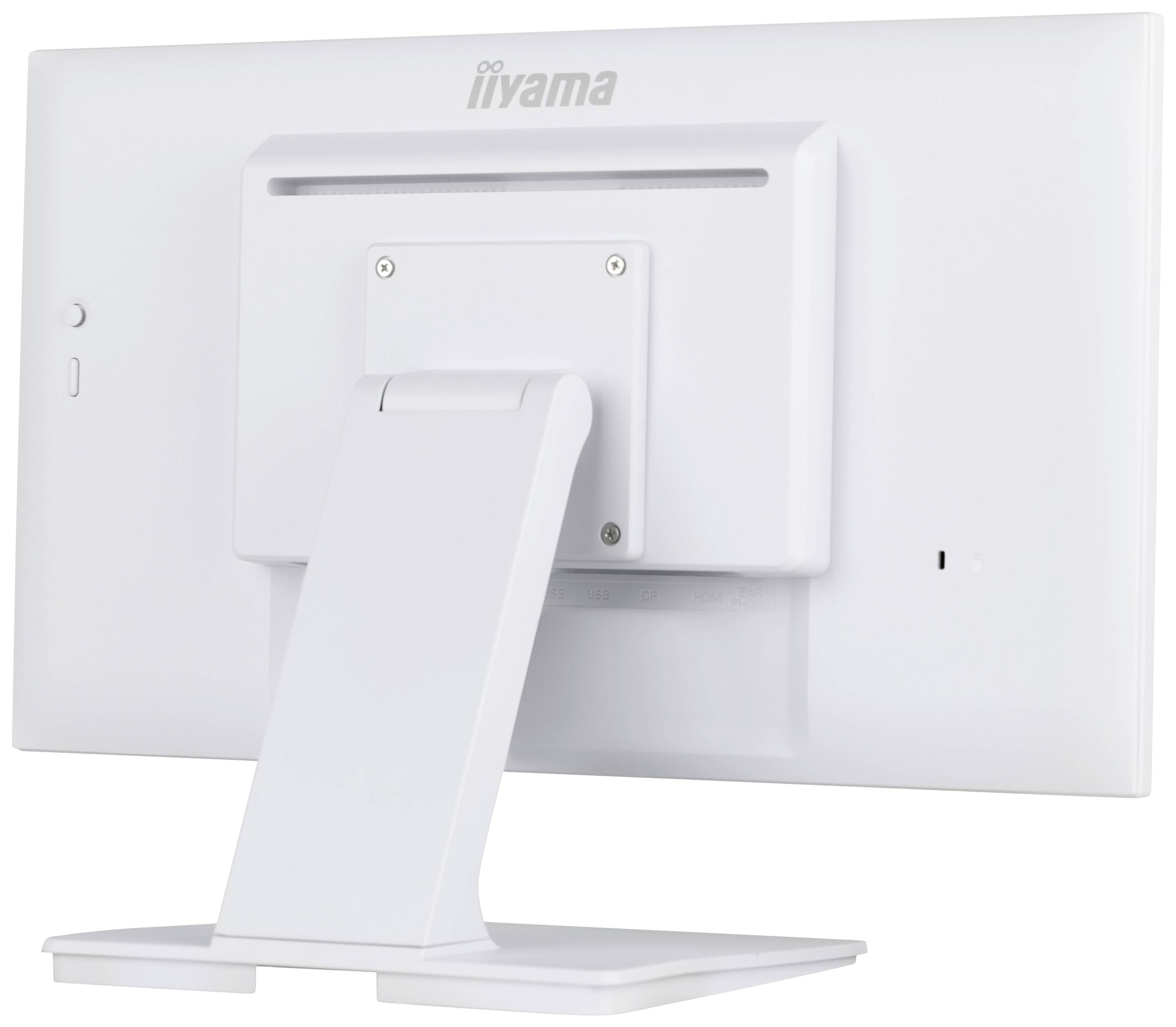 Ein weißer Computermonitor von hinten, auf einem Standfuß. Die Marke 'iiyama' ist sichtbar. Der Monitor ist in neutraler Umgebung platziert.