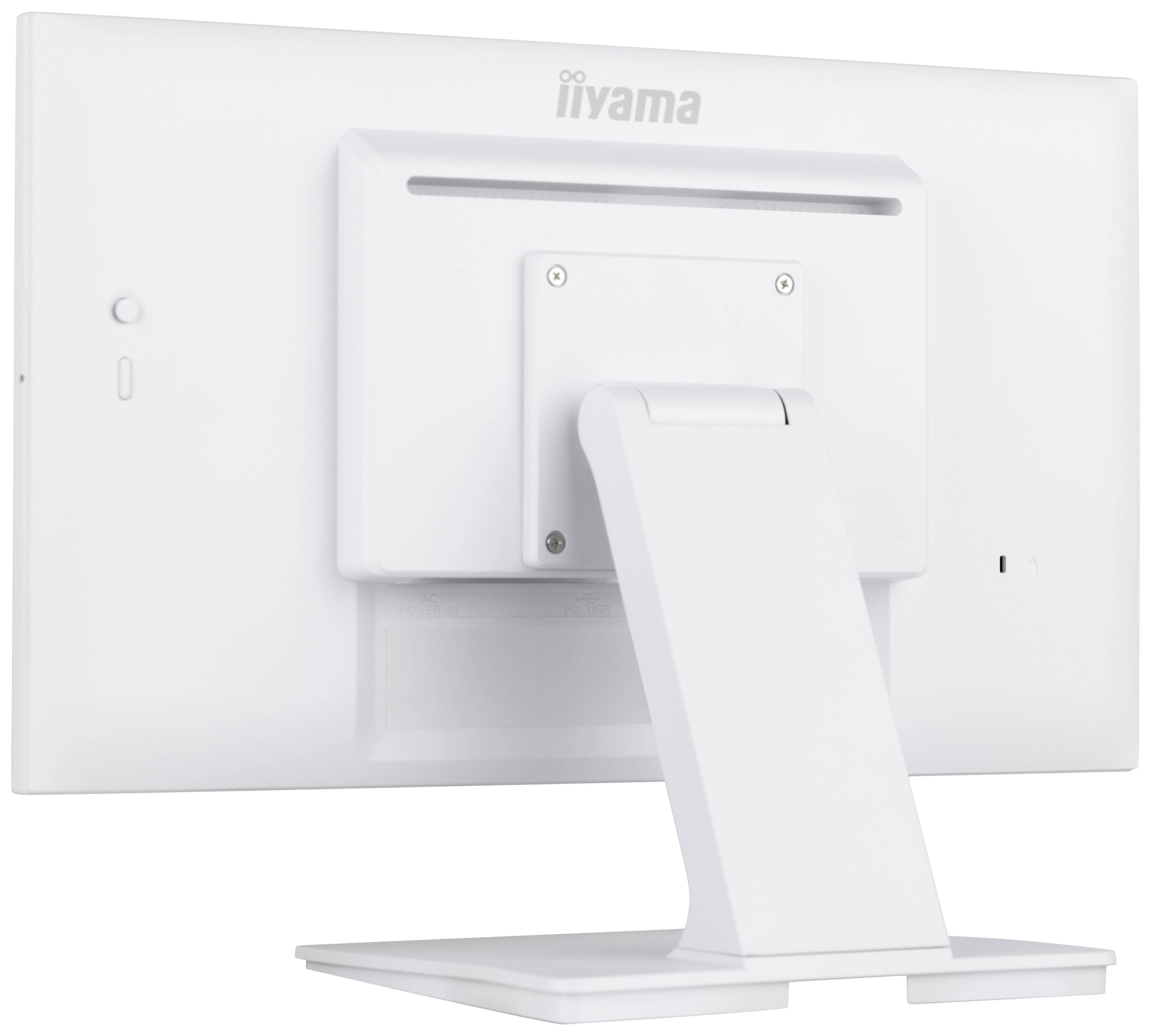 Ein weißer Computermonitor von iiyama, von hinten gesehen, mit einem stabilen Standfuß und Kabelmanagement-Aussparungen.