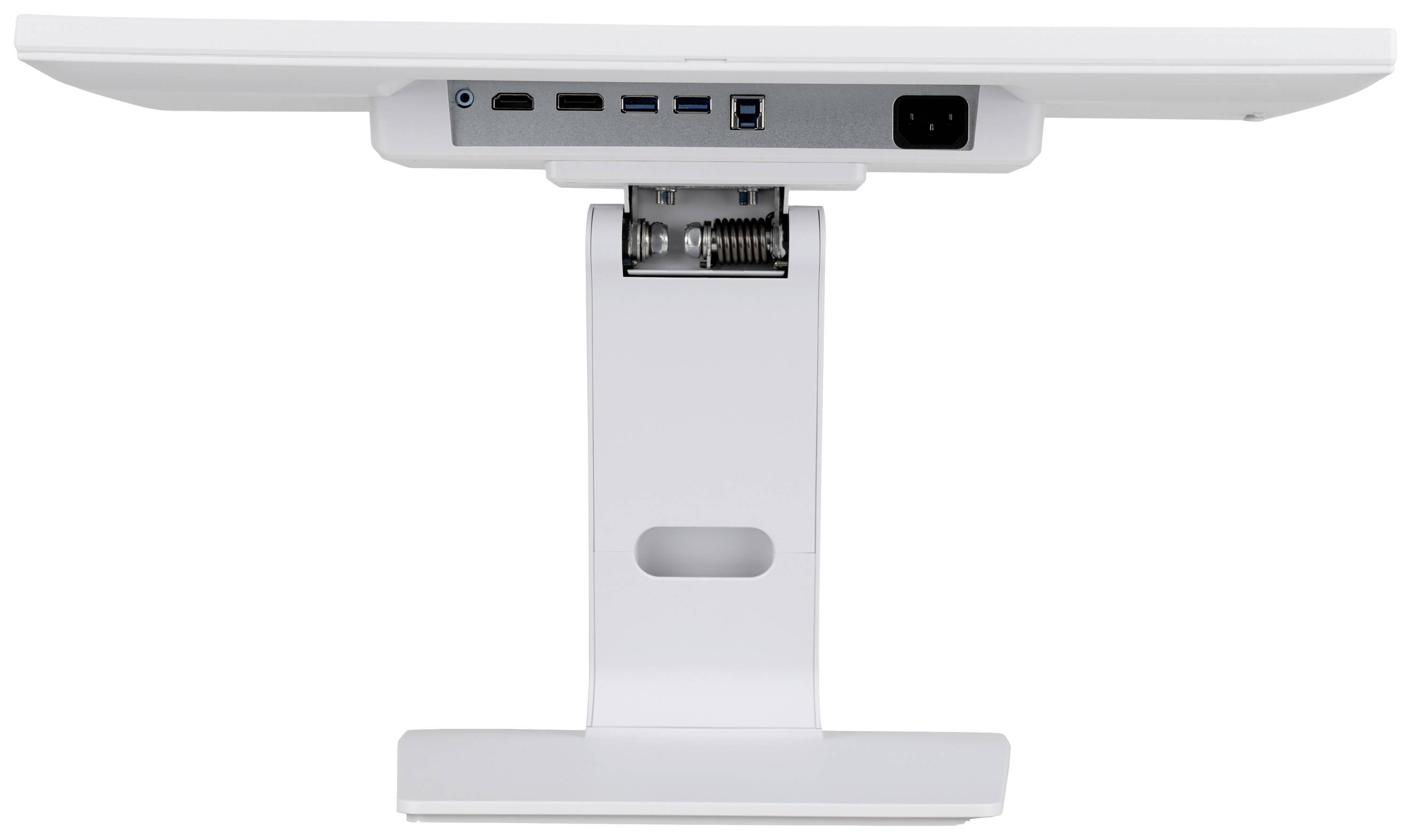 Rückansicht eines Monitors auf einem Standfuß, zeigt mehrere Anschlüsse inklusive USB- und Stromanschluss.