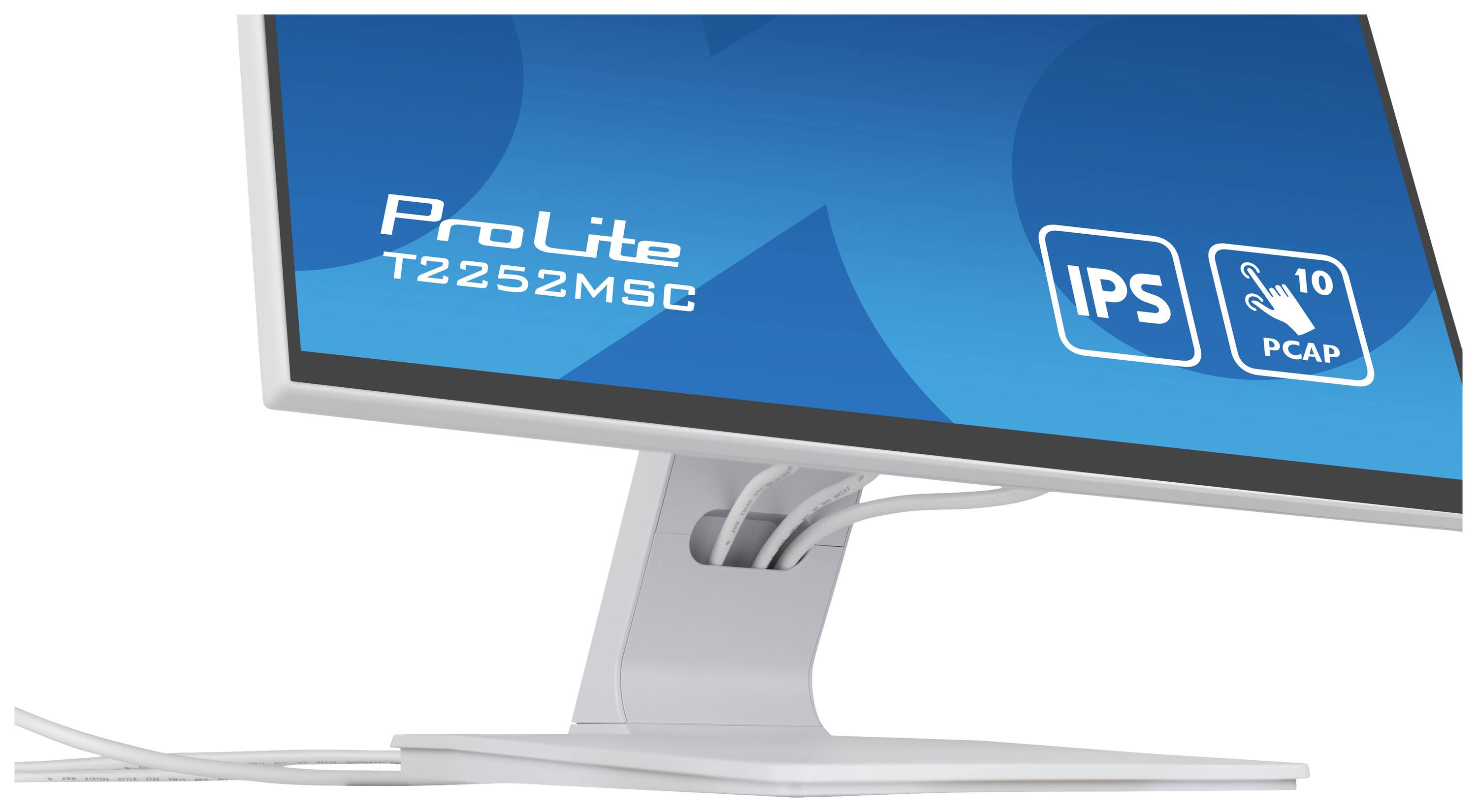 Ein Computermonitor mit der Aufschrift 'ProLite T2252MSC' zeigt Symbole für IPS-Technologie und 10-Punkt-Multitouch-Funktion.