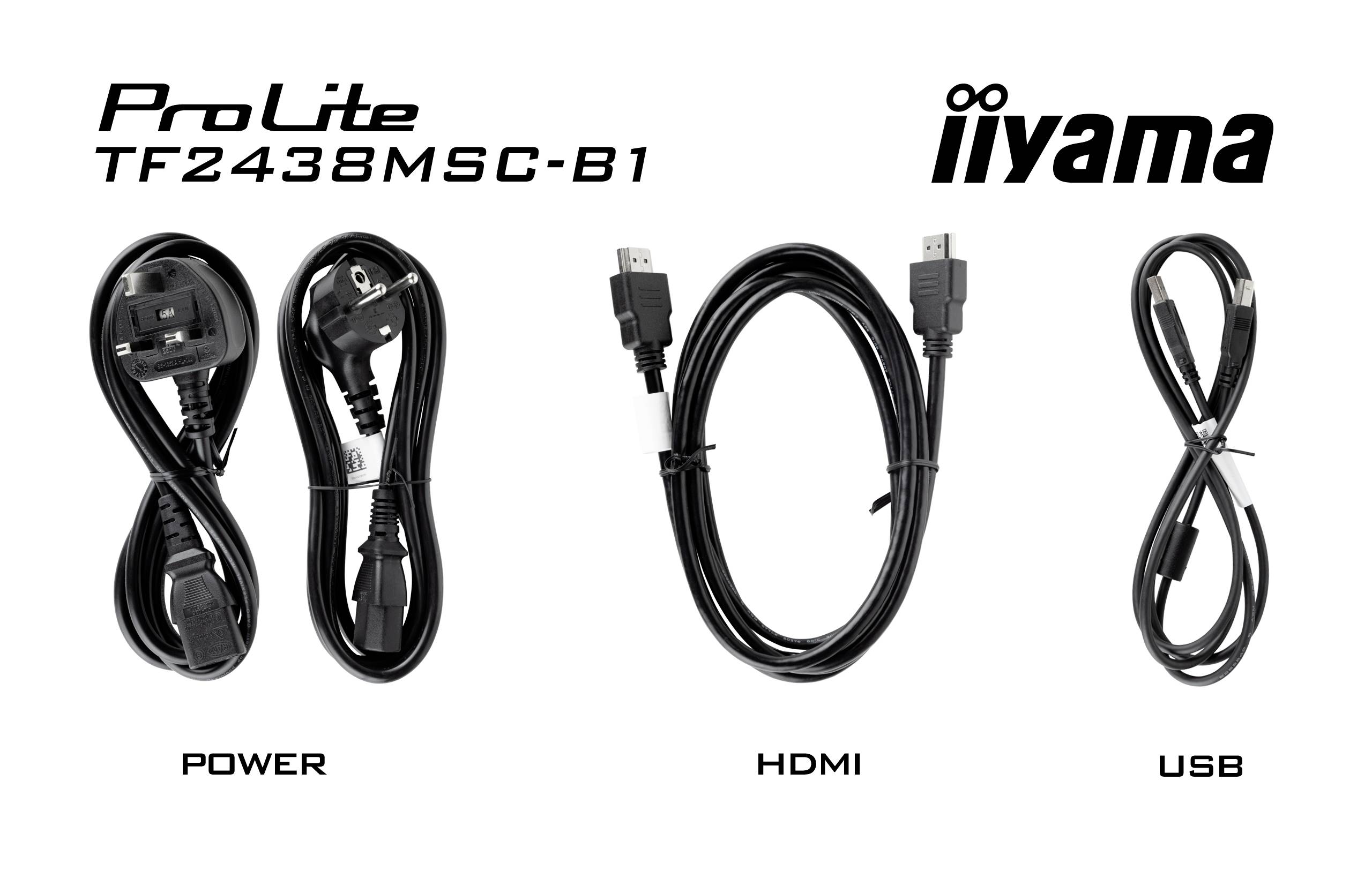 ProLite TF2438MSC-B1 Bildschirmkabel: Strom, HDMI, USB; alle in Schwarz. Marke: iiyama.