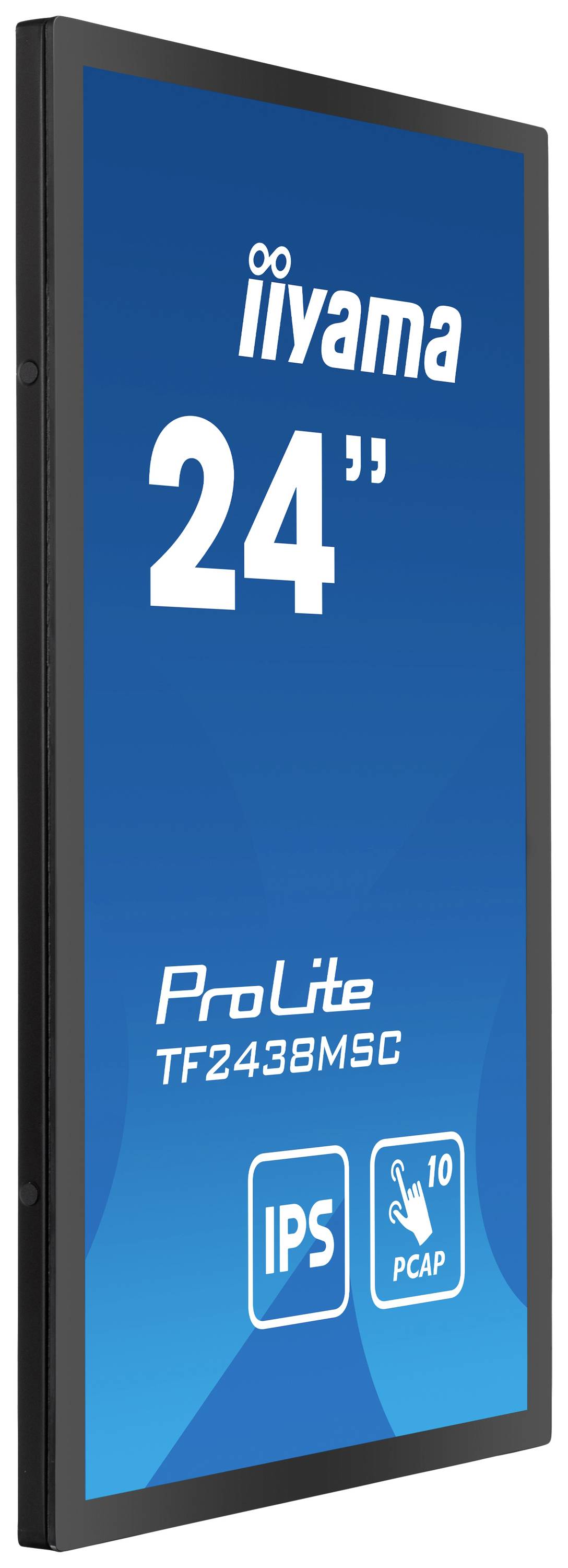 Ein hochformatiger Bildschirm von iiyama, Modell ProLite TF2438MSC, 24 Zoll, mit IPS-Technologie und 10-Punkt-PCAP-Touchscreen.