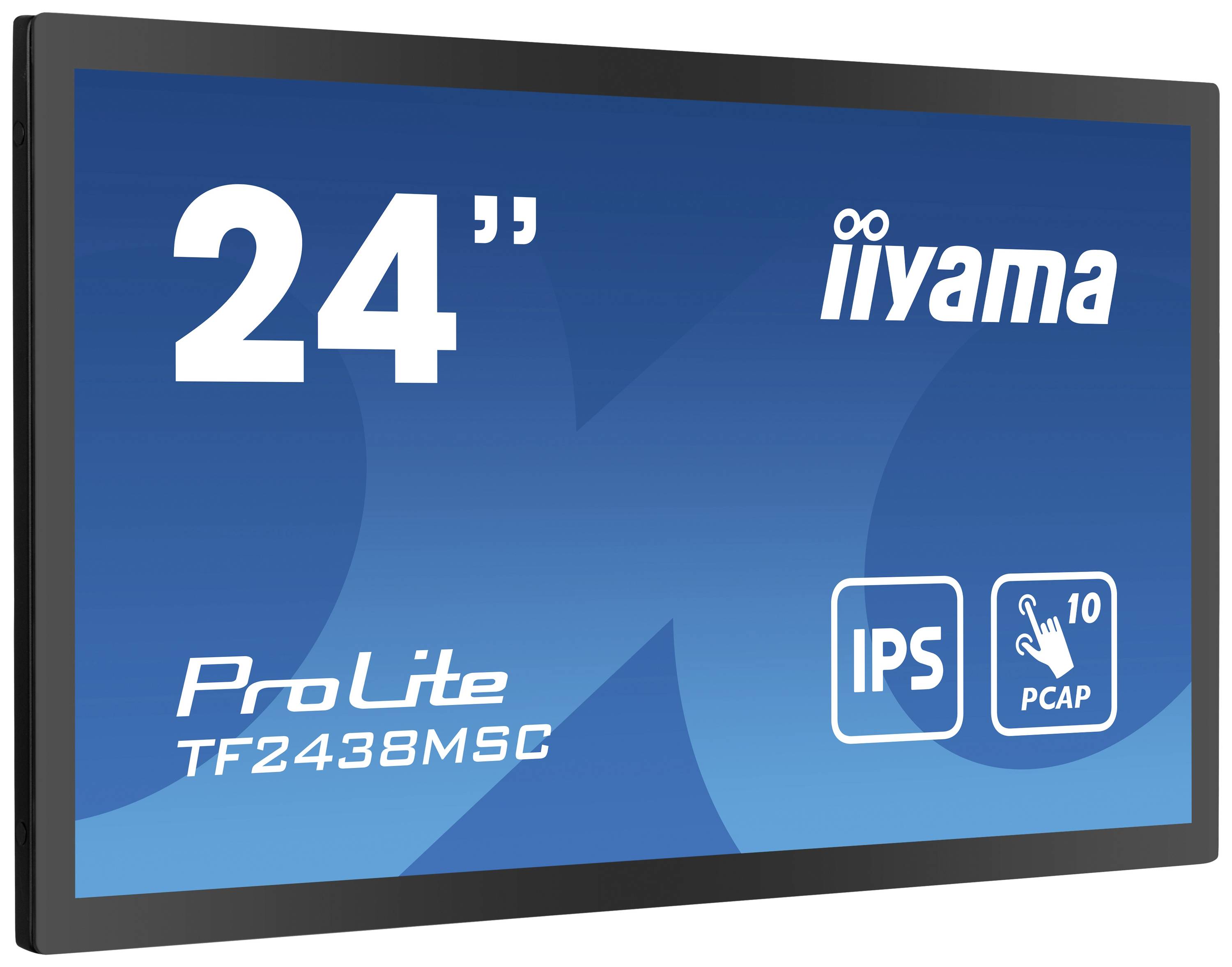 24-Zoll-Touchscreen-Monitor mit IPS-Display. Modell ProLite TF2438MSC von iiyama, unterstützt zehngleichzeitige Berührungen.