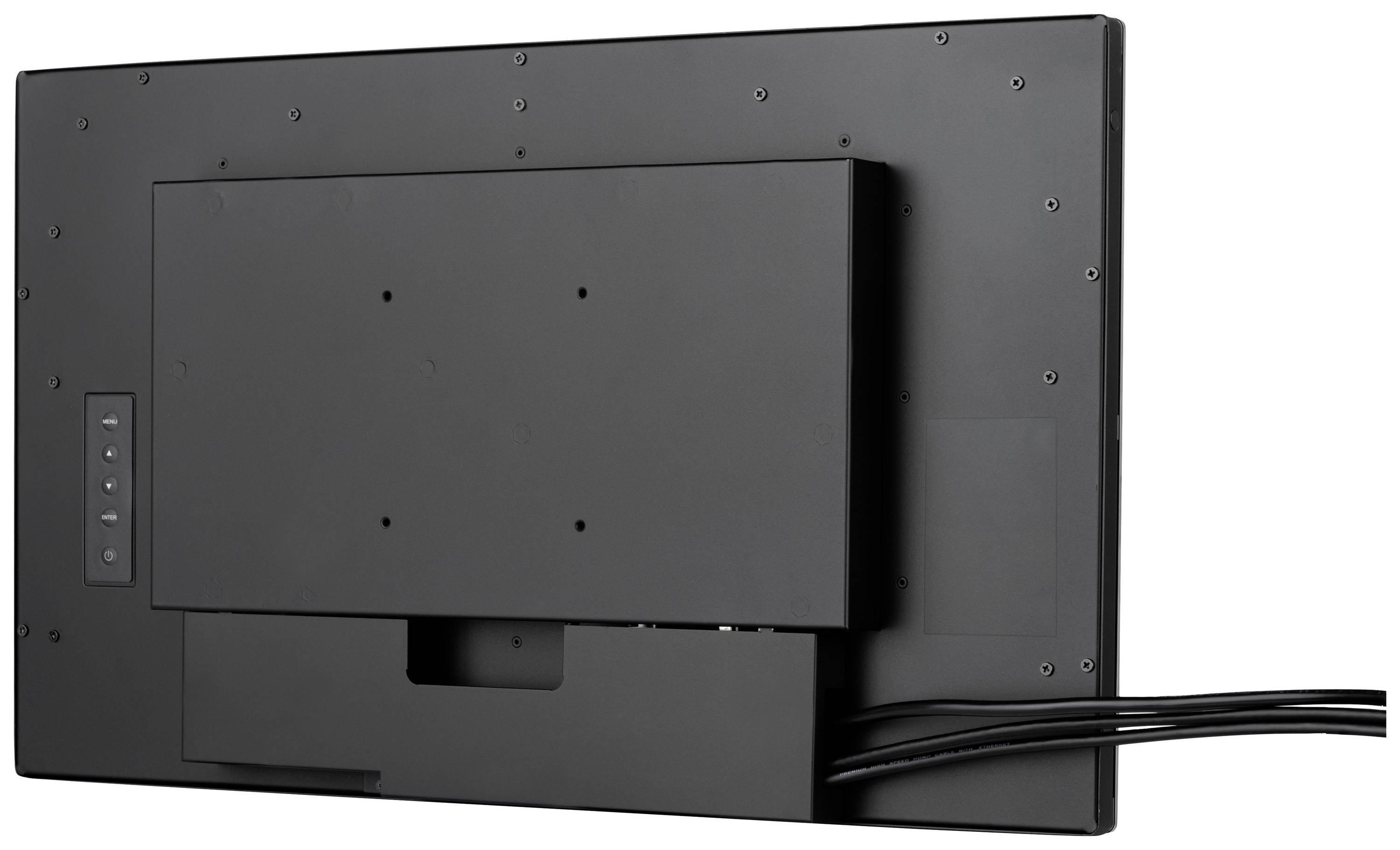 Ein schlanker, schwarzer Monitor von hinten, mit mehreren Kabeln, die an der Rückseite angeschlossen sind.