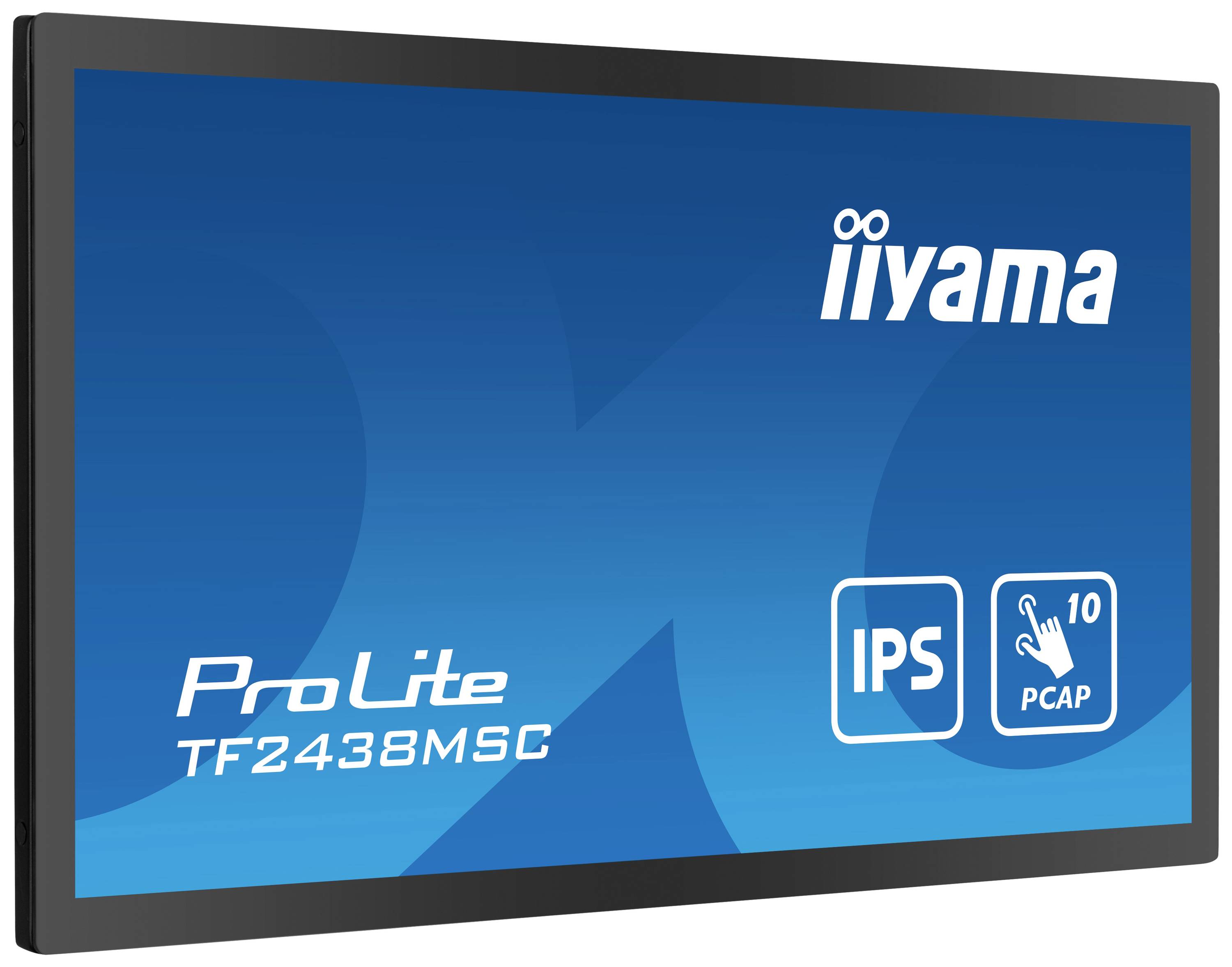 Ein blauer Bildschirm zeigt den 'iiyama ProLite TF2438MSC' mit IPS-Technologie und 10-Punkt-PCAP-Touchfunktion.