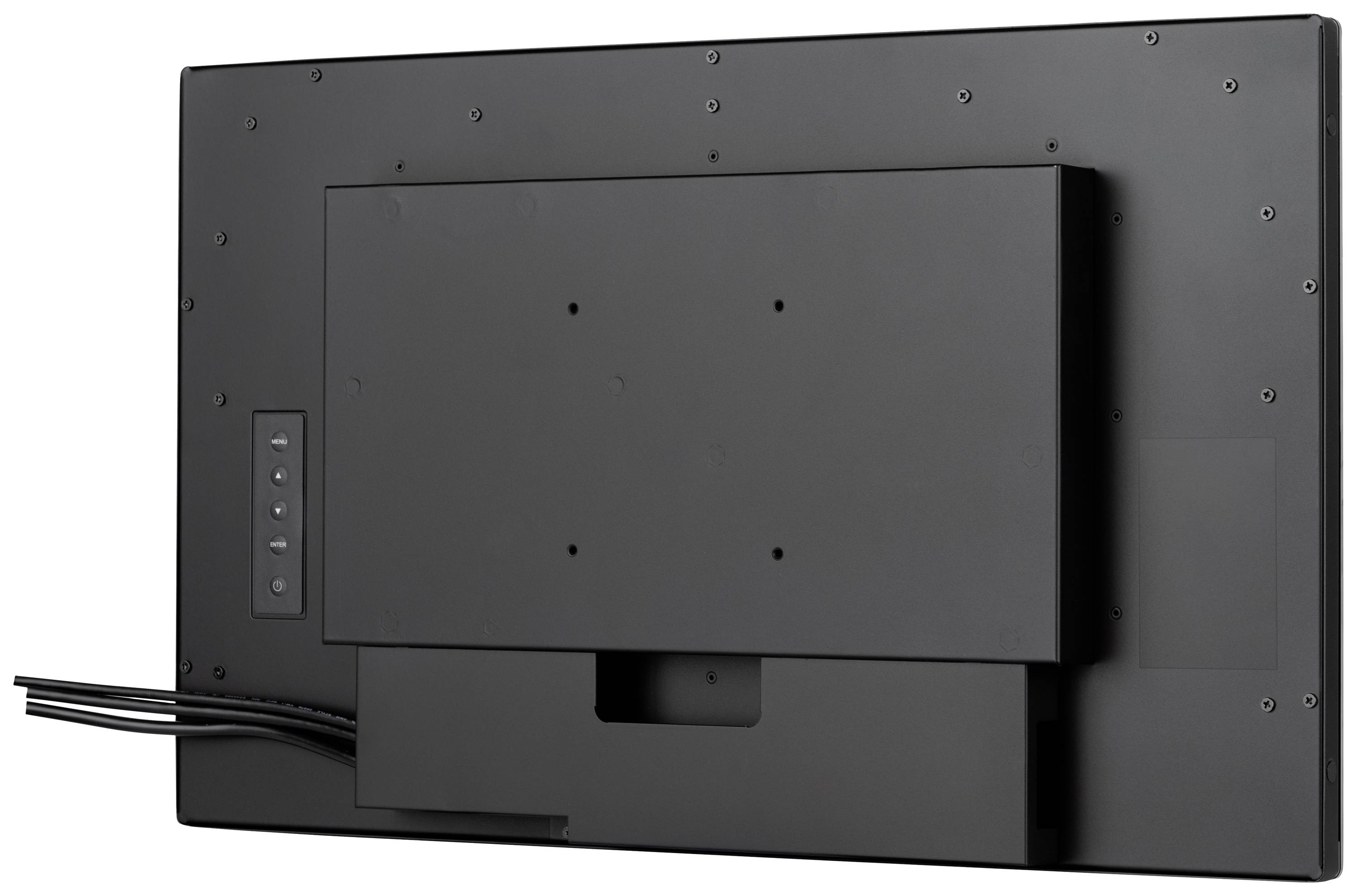 Rückseite eines Flachbildschirms mit mehreren Kabeln, die links herausragen.