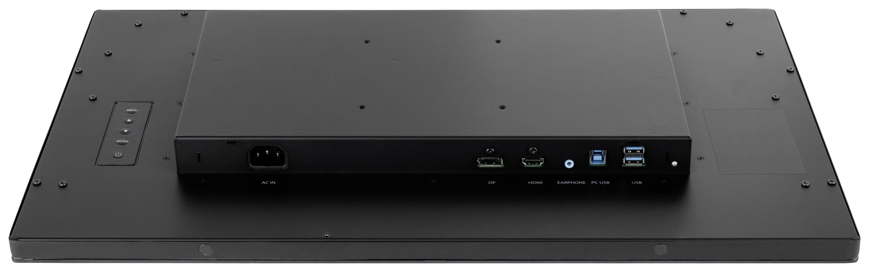 Rückansicht eines schwarzen Monitors mit mehreren Anschlüssen, darunter HDMI, DisplayPort und USB-Ports.