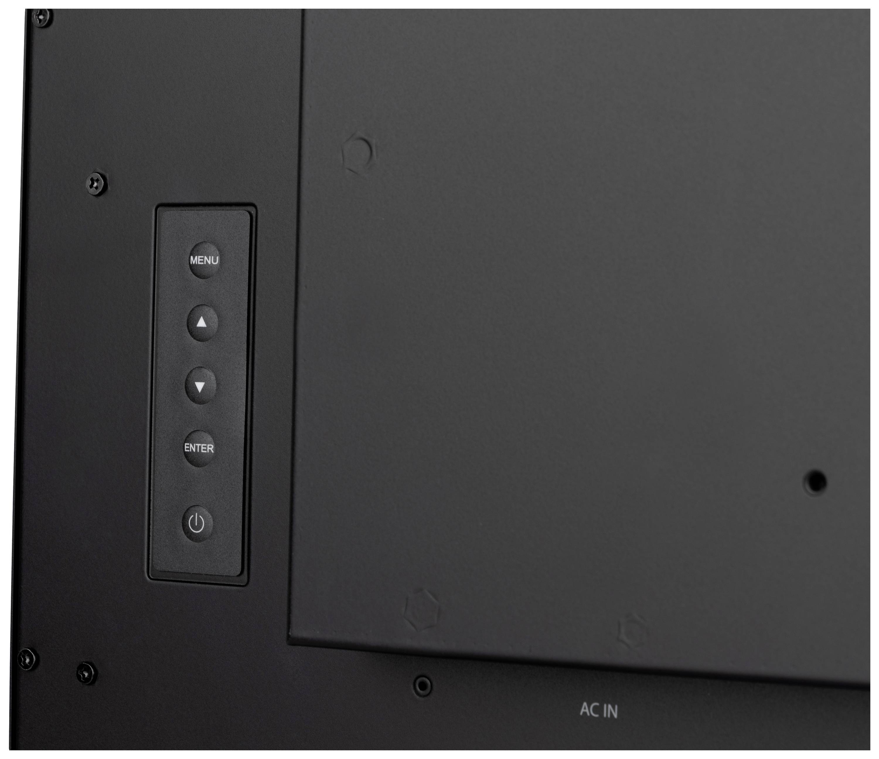 Rückseite eines Monitors mit Bedientasten: Menü, Aufwärts, Abwärts, Enter, Ein/Aus. Anschlüsse unten rechts.