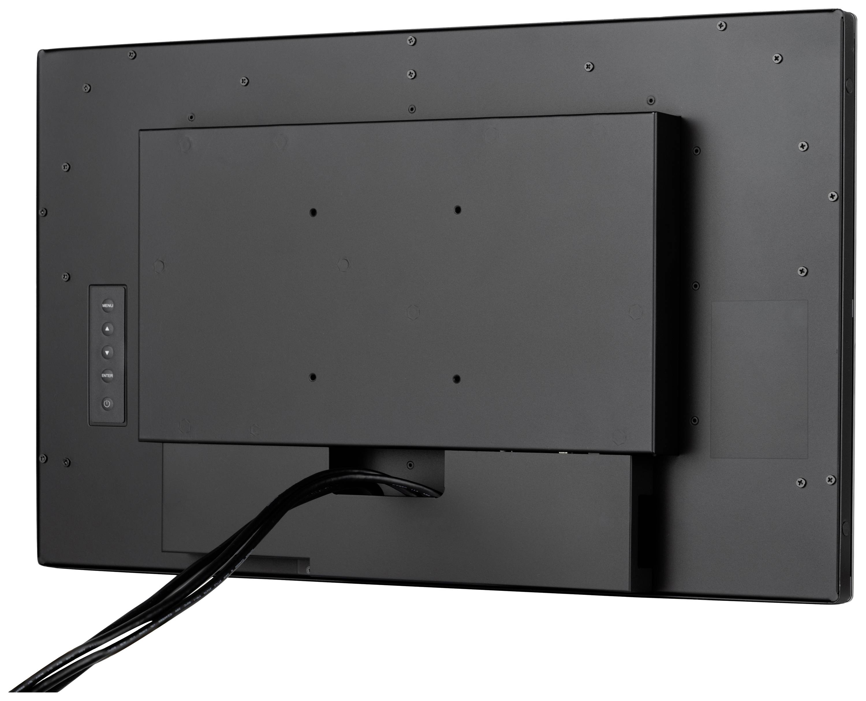 Rückansicht eines schwarzen Monitors mit mehreren Kabeln, die von der Unterseite ausgehen.