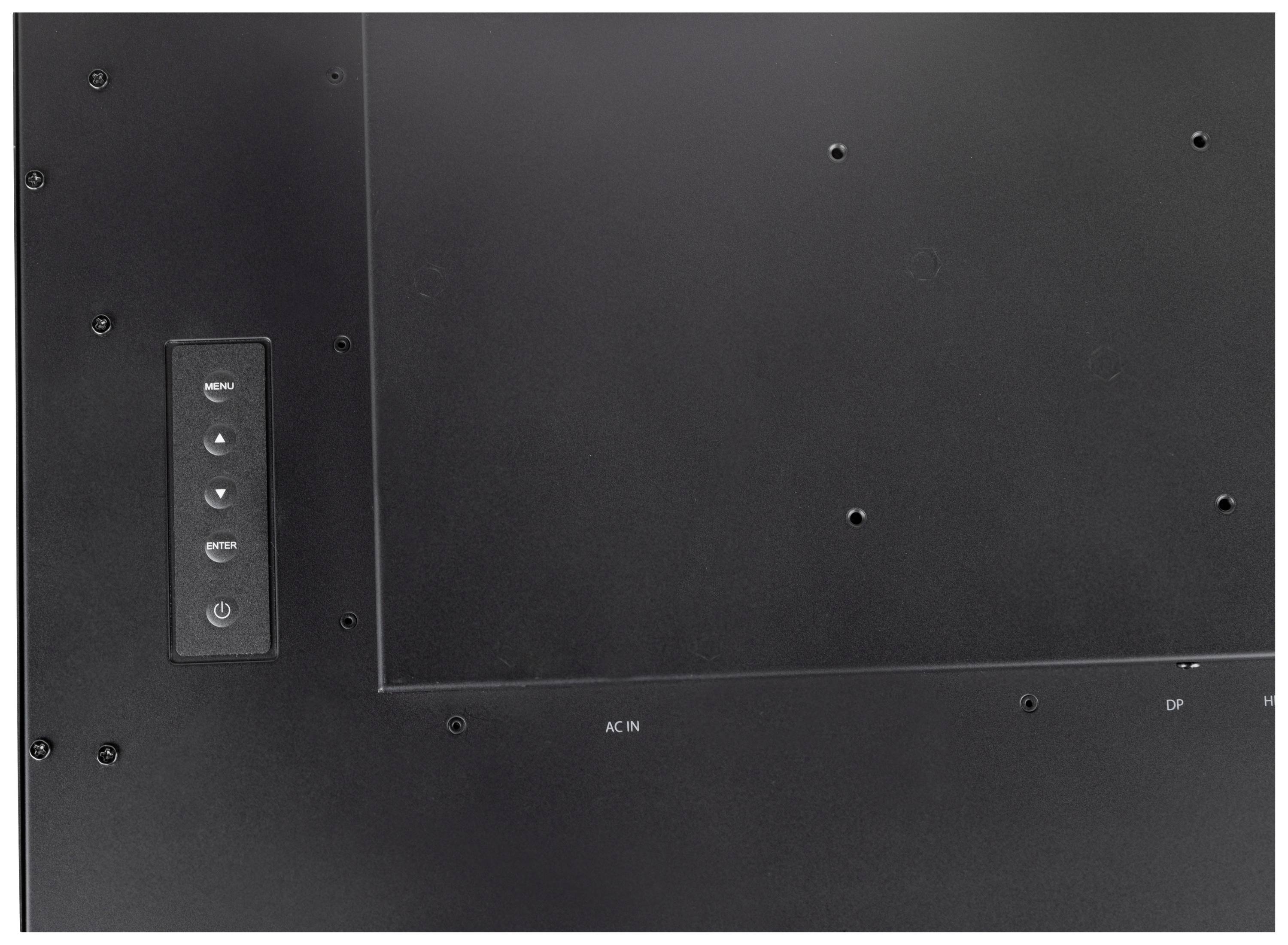 Rückseite eines schwarzen Bildschirms mit sichtbaren Tasten für Menü, Auswahl und Power. Schraubenlöcher und Eingangsanschlüsse erkennbar.