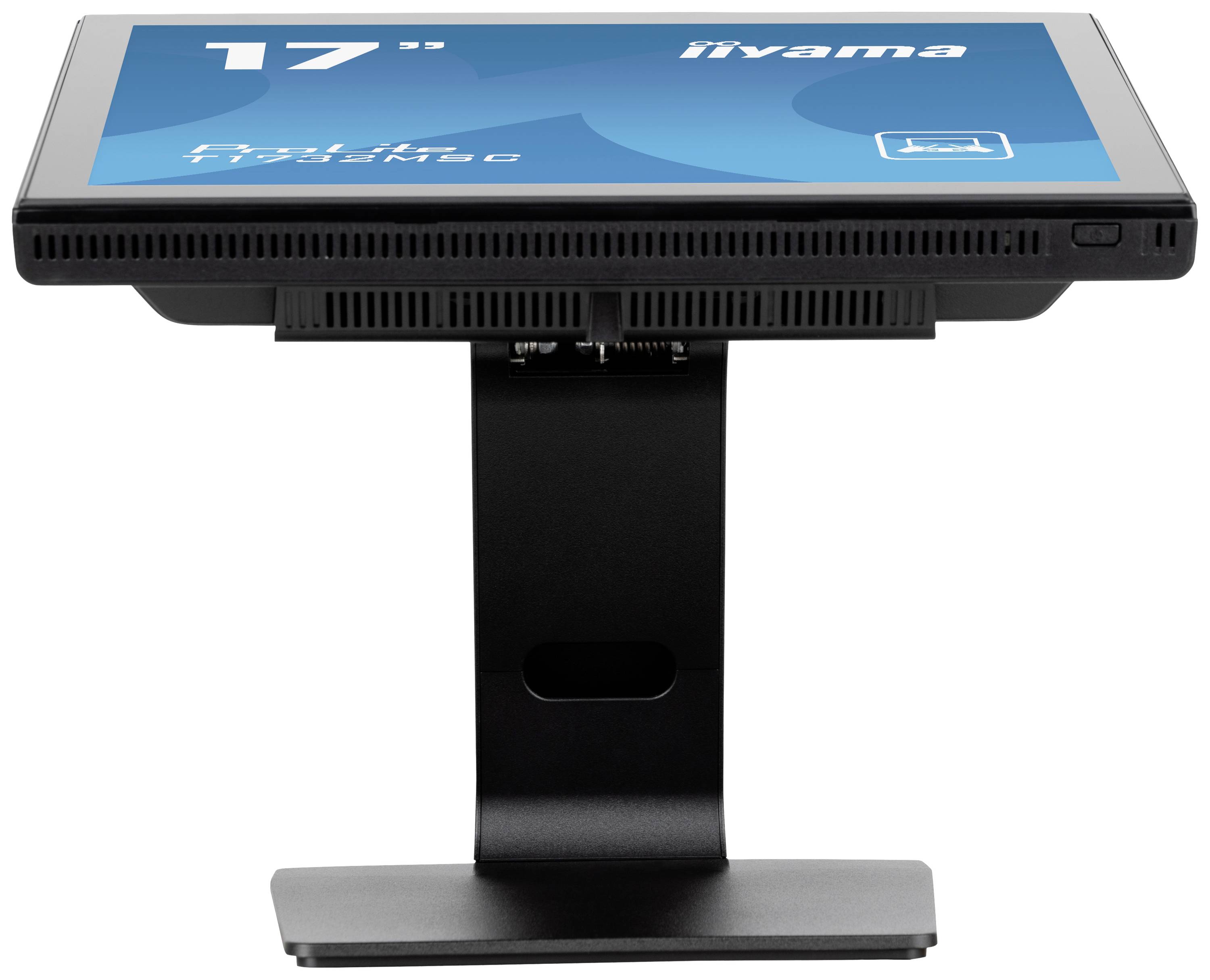 17-Zoll-Monitor von iiyama mit blauem Bildschirm in Querformat, auf einem schwarzen Standfuß montiert.