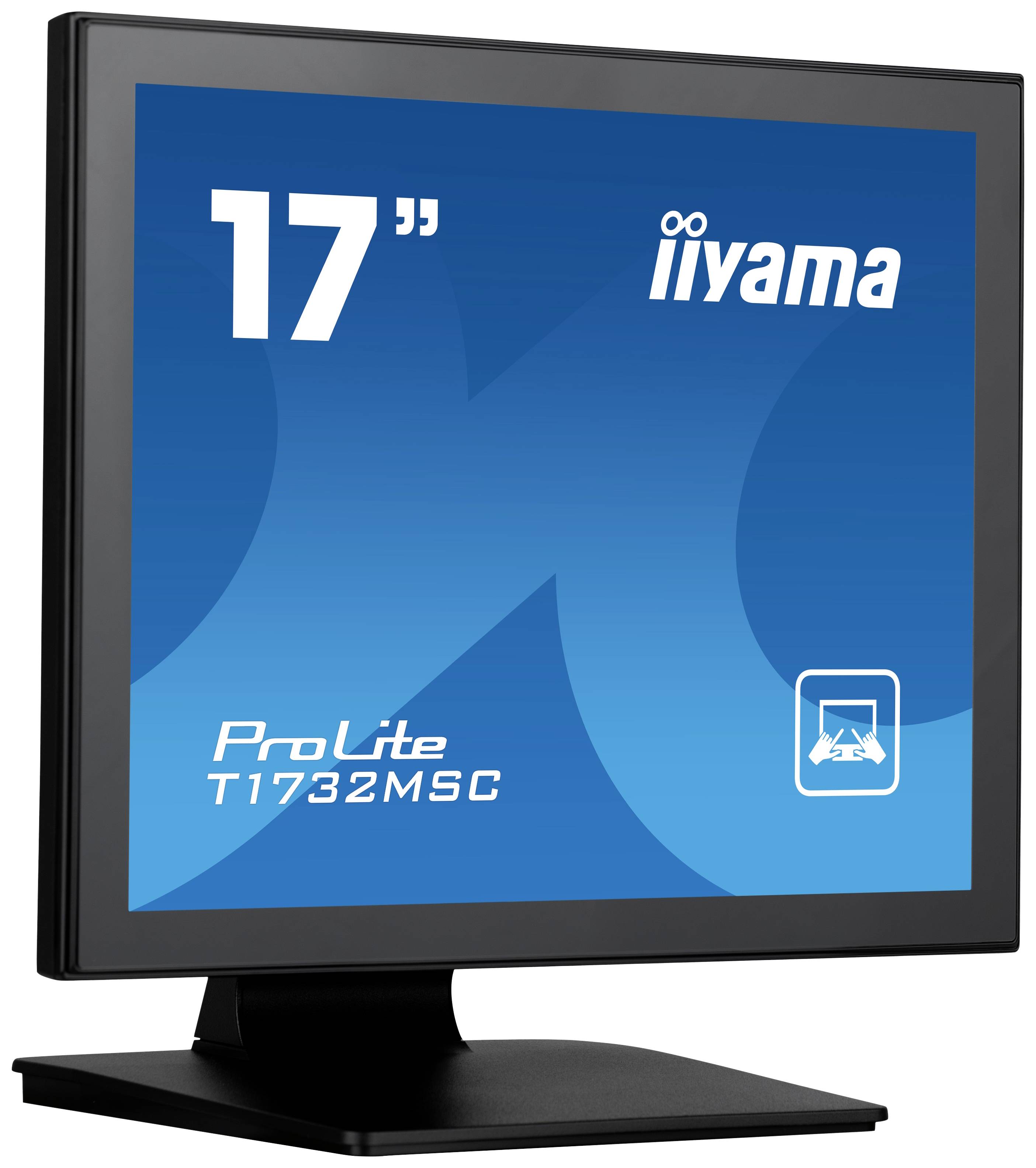 Ein 17-Zoll-Monitor der Marke Iiyama, Modell ProLite T1732MSC, mit blauem Bildschirm und schwarzem Rahmen.