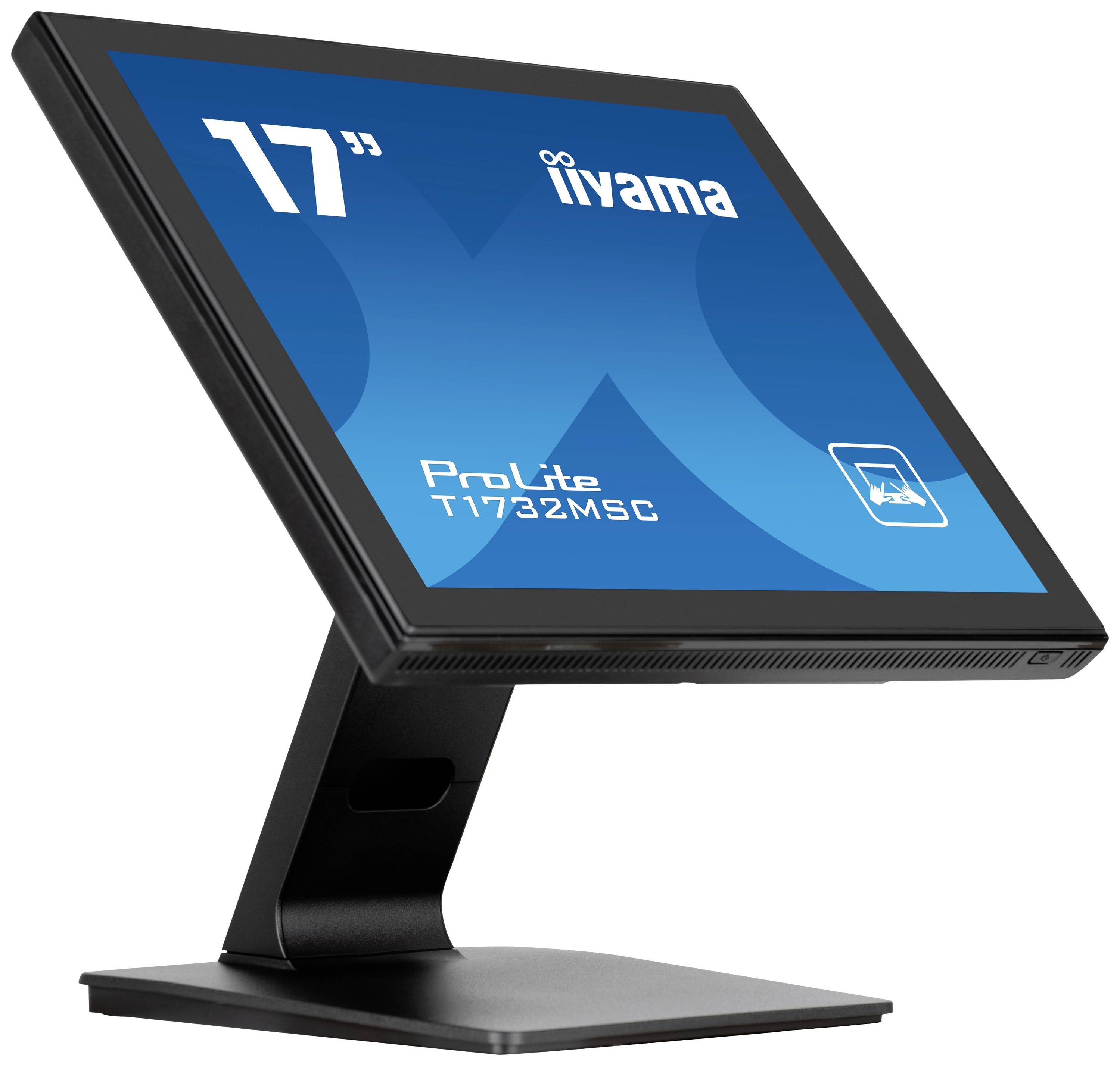 Ein schwarzer 17-Zoll-Touchscreen-Monitor der Marke Iiyama, Modell ProLite T1732MSC, auf einem Ständer, leicht geneigt.