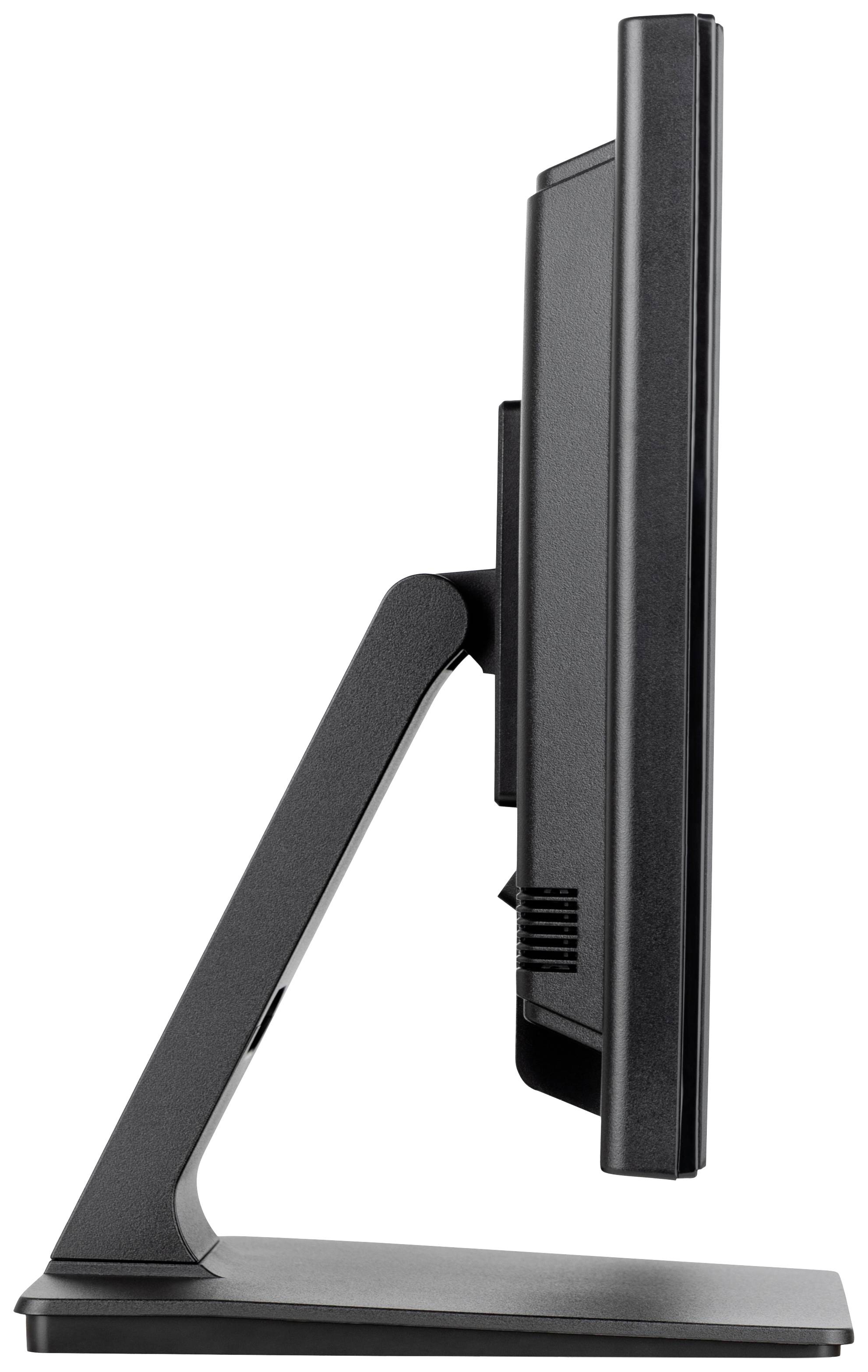 Ein Bild eines schwarzen Computerbildschirms von der Seite, das auf einem Tisch steht. Der Bildschirm hat ein schlichtes Design.