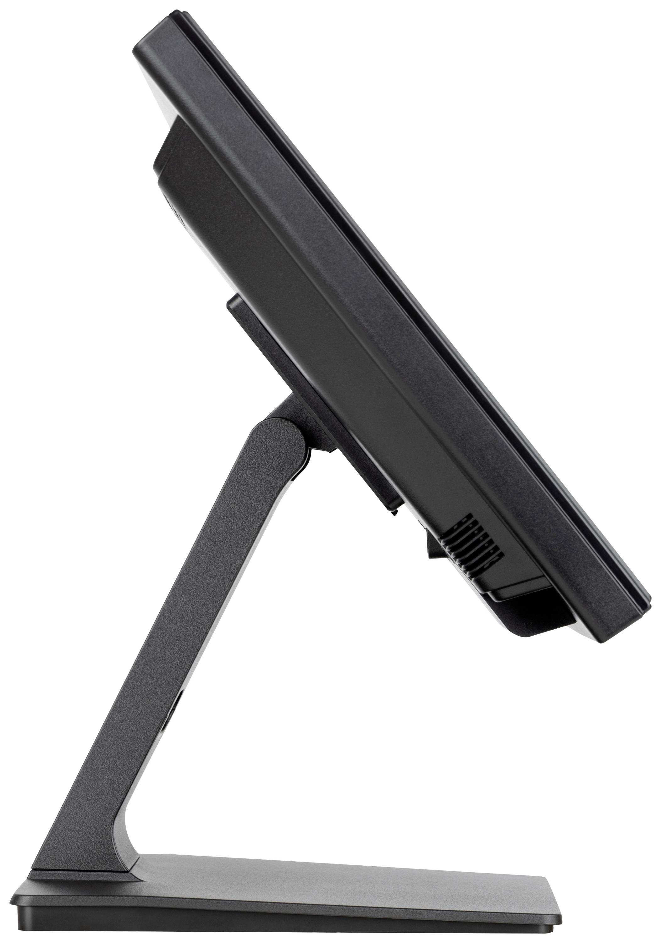 Ein seitlich abgebildeter Computermonitor auf einem schwenkbaren Standfuß, zeigt die schlanke Bauweise und moderne Ergonomie.