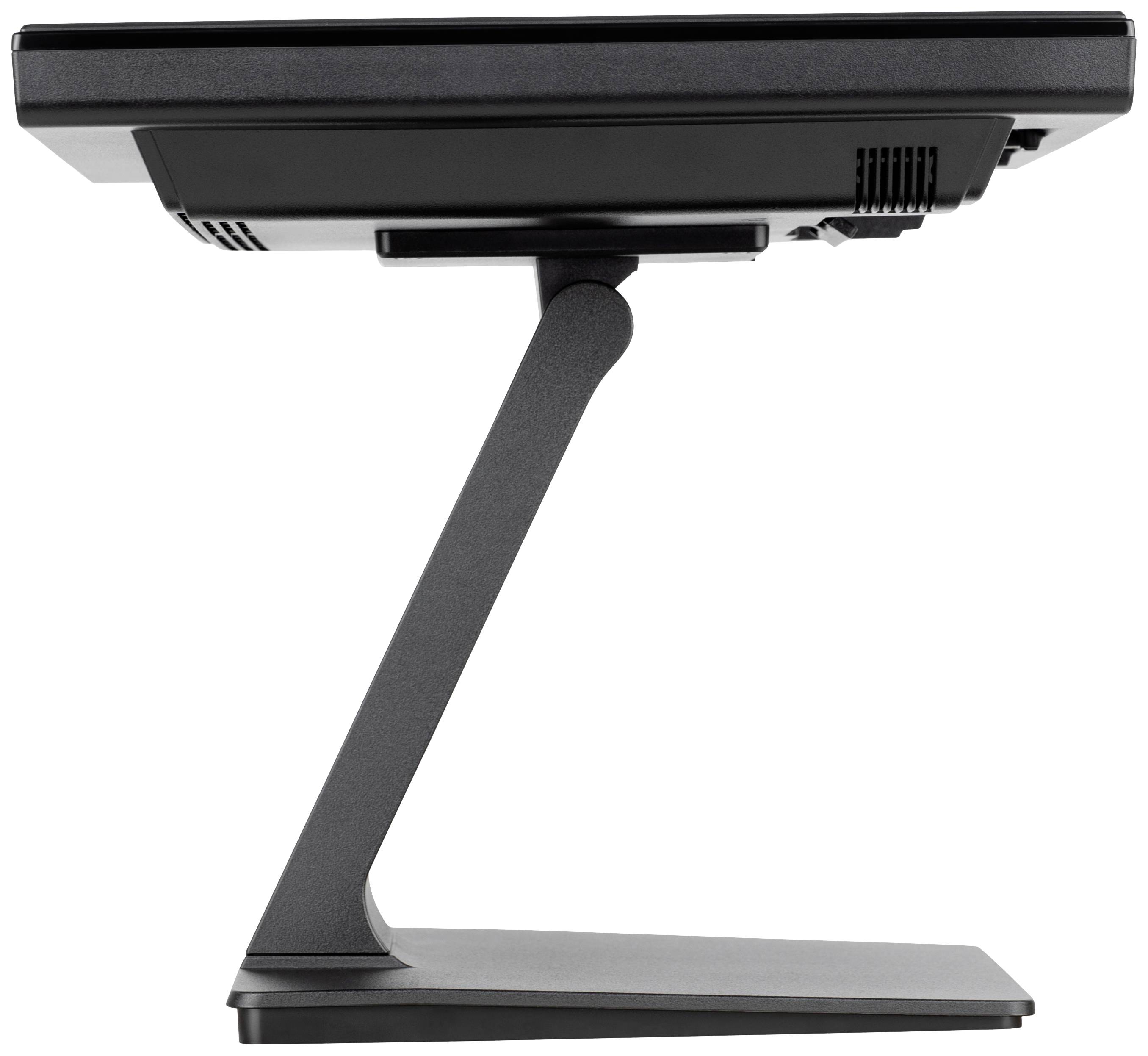 Seitenansicht eines schwarzen Monitors auf einem Tischständer. Der Bildschirm ist leicht nach unten geneigt.