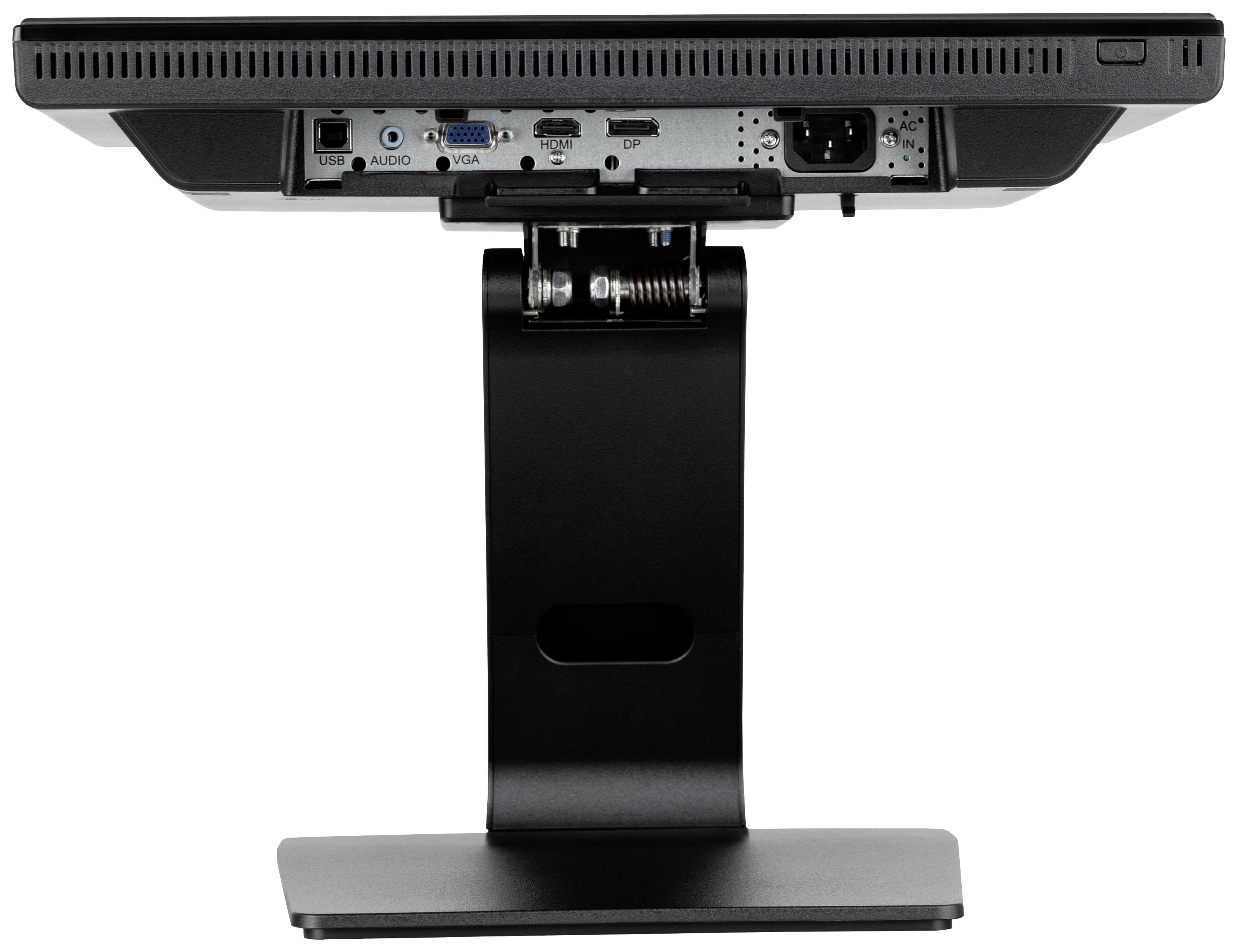 Rückansicht eines Computerbildschirms auf einem Standfuß. Sichtbare Anschlüsse: Audio, VGA, USB, DVI und Netzkabel.