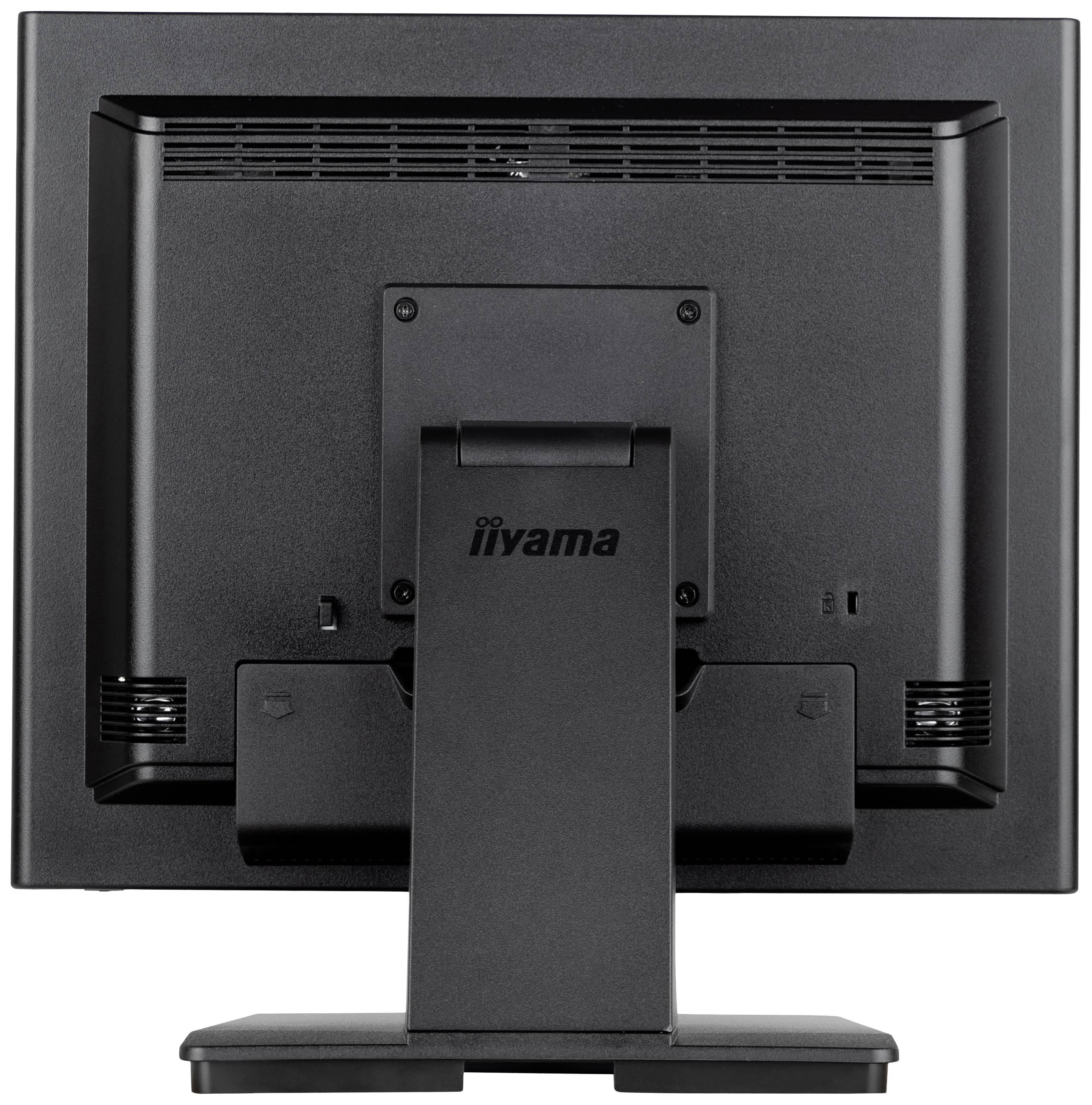 Rückansicht eines schwarzen Computerbildschirms mit einem stabilen Standfuß. Das Design ist schlicht und funktional.