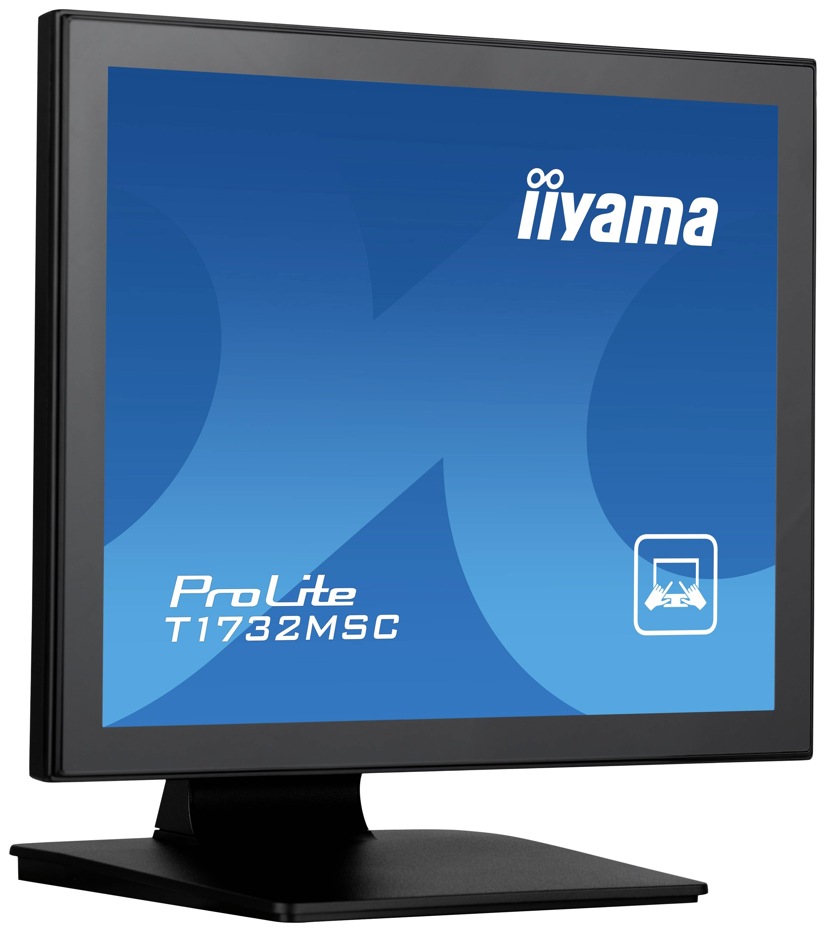Ein iiyama Monitor, Modell ProLite T1732MSC, mit blauem Bildschirm und Logo oben rechts, auf einem schwarzen Standfuß.