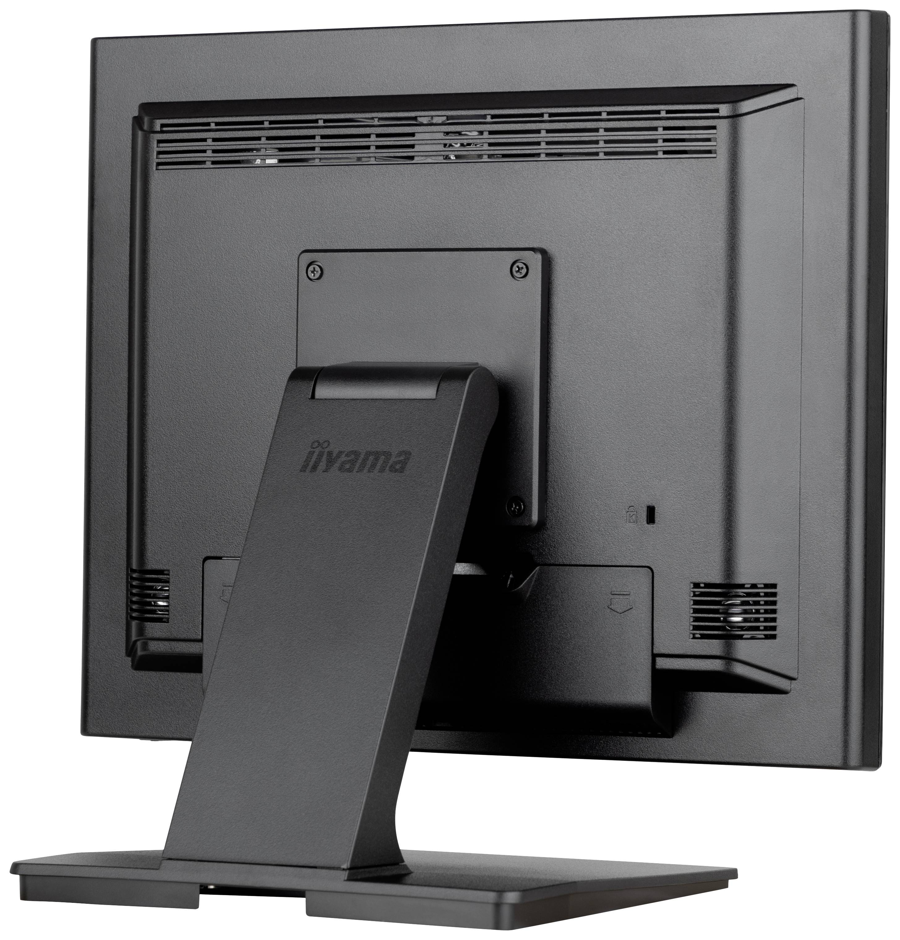 Rückansicht eines Computerbildschirms mit schwarzem Gehäuse und Standfuß, keine sichtbaren Anschlüsse oder Markenhinweise.