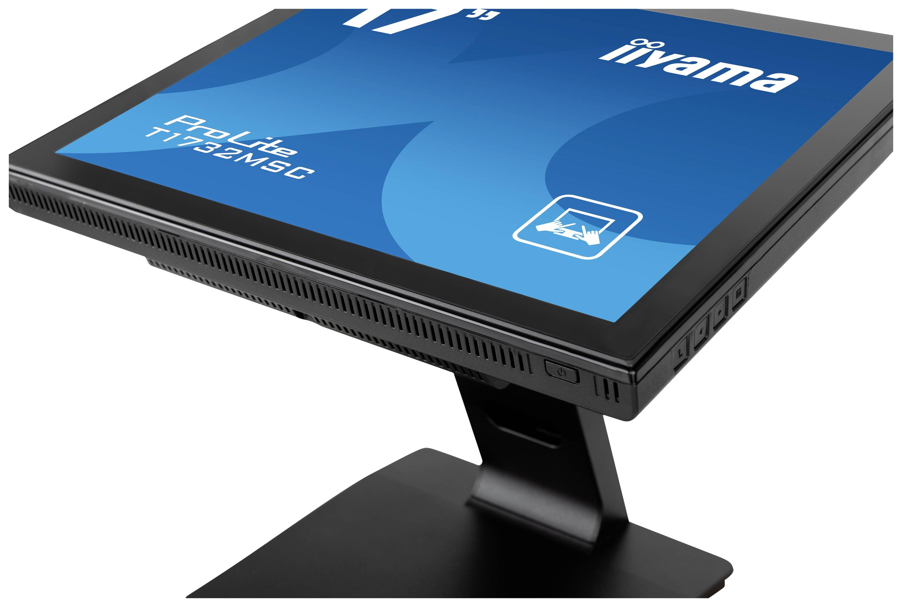 Ein 17-Zoll-Touchscreen-Monitor von iiyama, Modell ProLite T1732MSC, in einer seitlichen Ansicht auf einem schwarzen Ständer montiert.