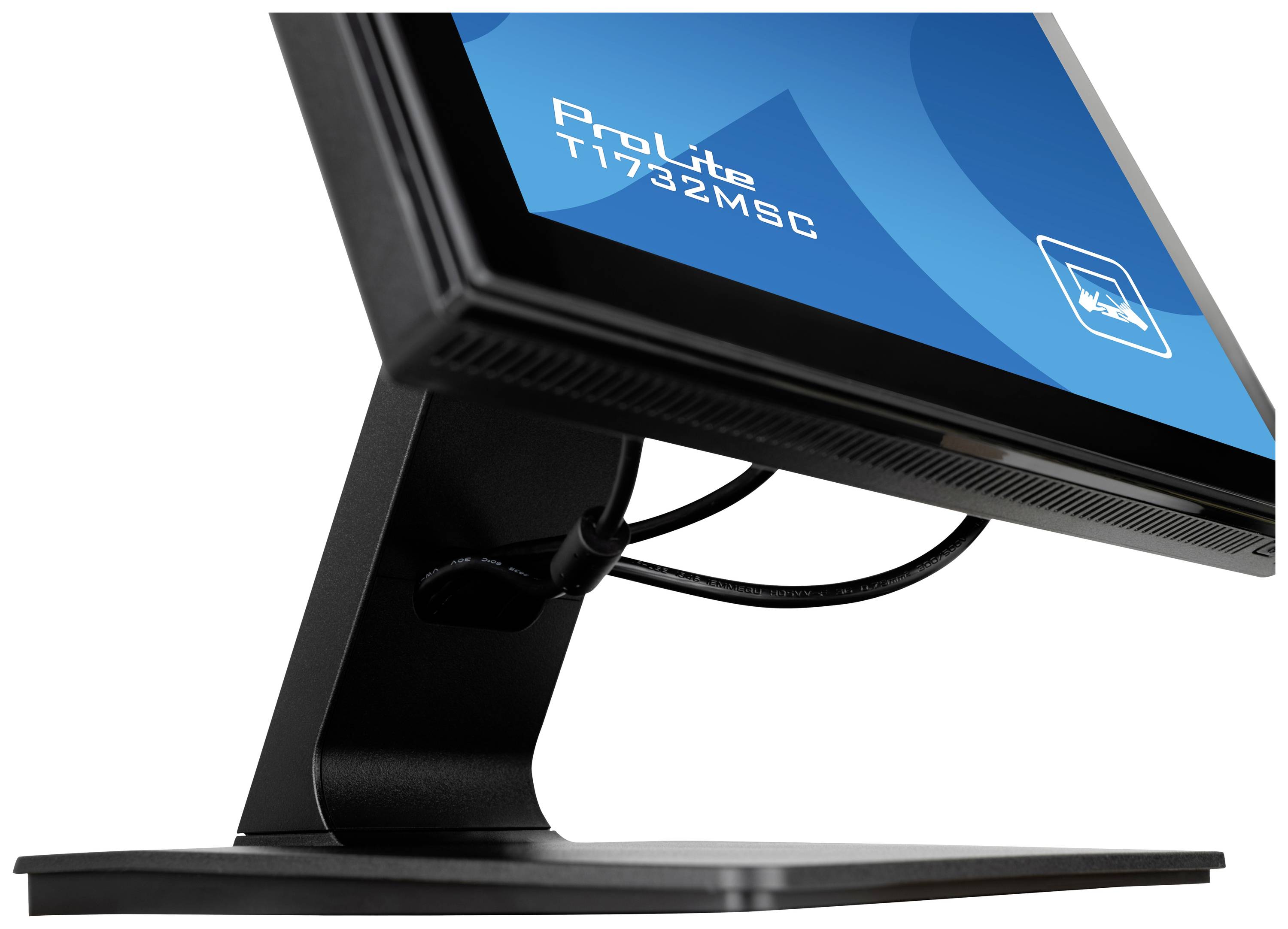 Ein schwarzer Computermonitor auf einem Standfuß mit der Aufschrift 'ProLite T1732MSC' auf dem Bildschirm.