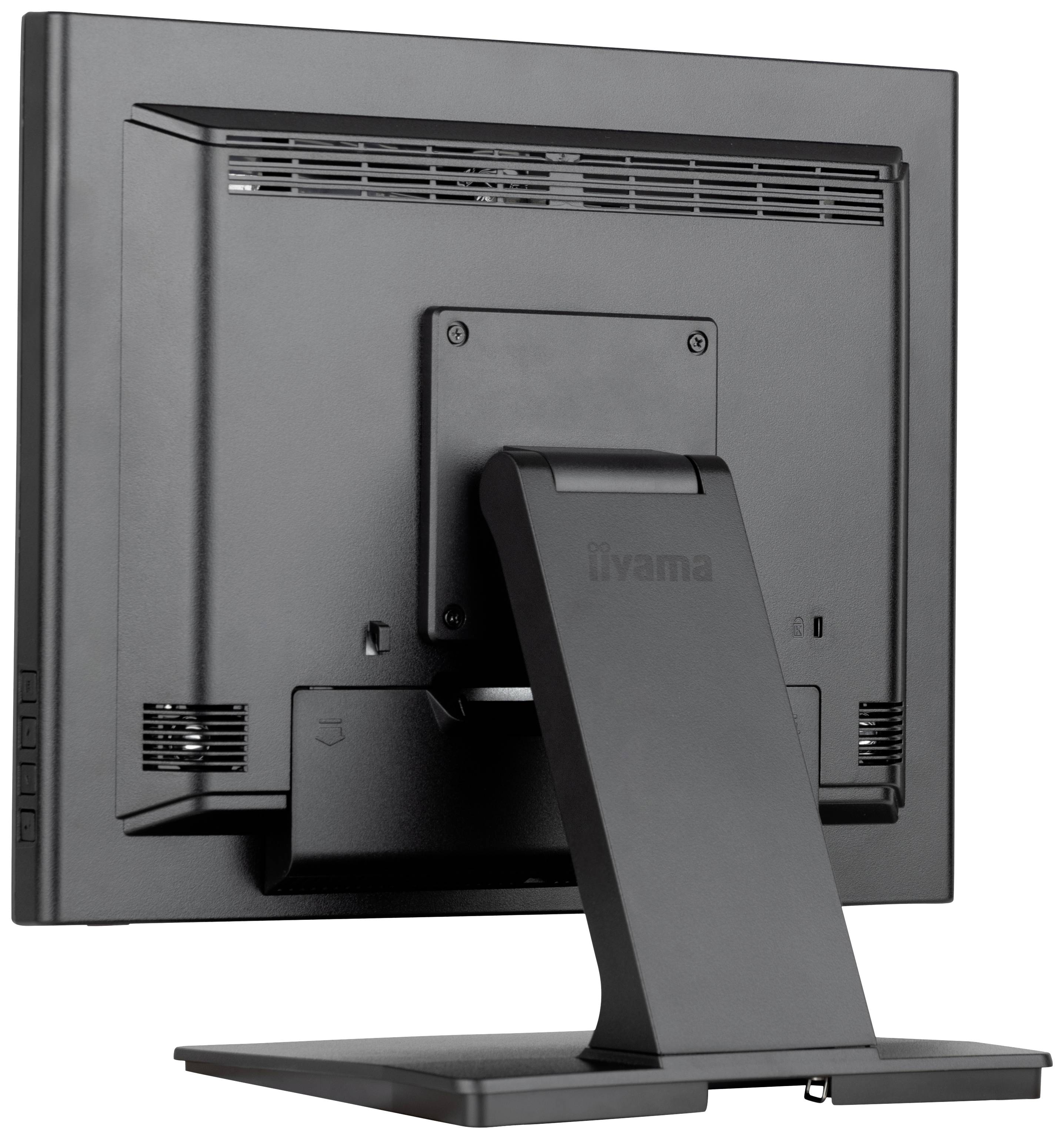Ein schwarzer Monitor von hinten, auf einem Standfuß montiert. Lüftungsschlitze oben, Kabelanschlüsse unten sichtbar.