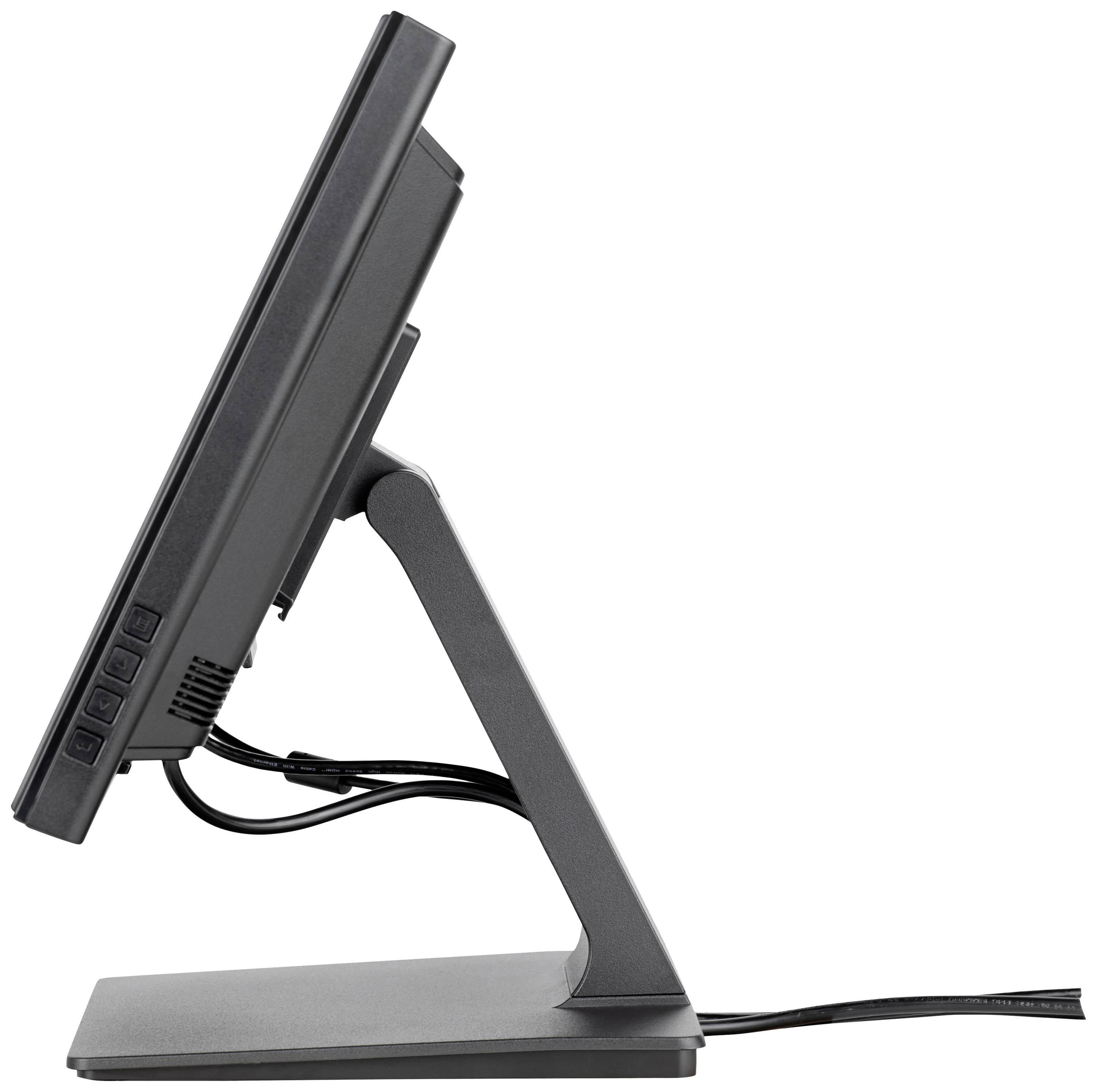 Seitenansicht eines schwarzen Computermonitors mit Standfuß und Kabeln.