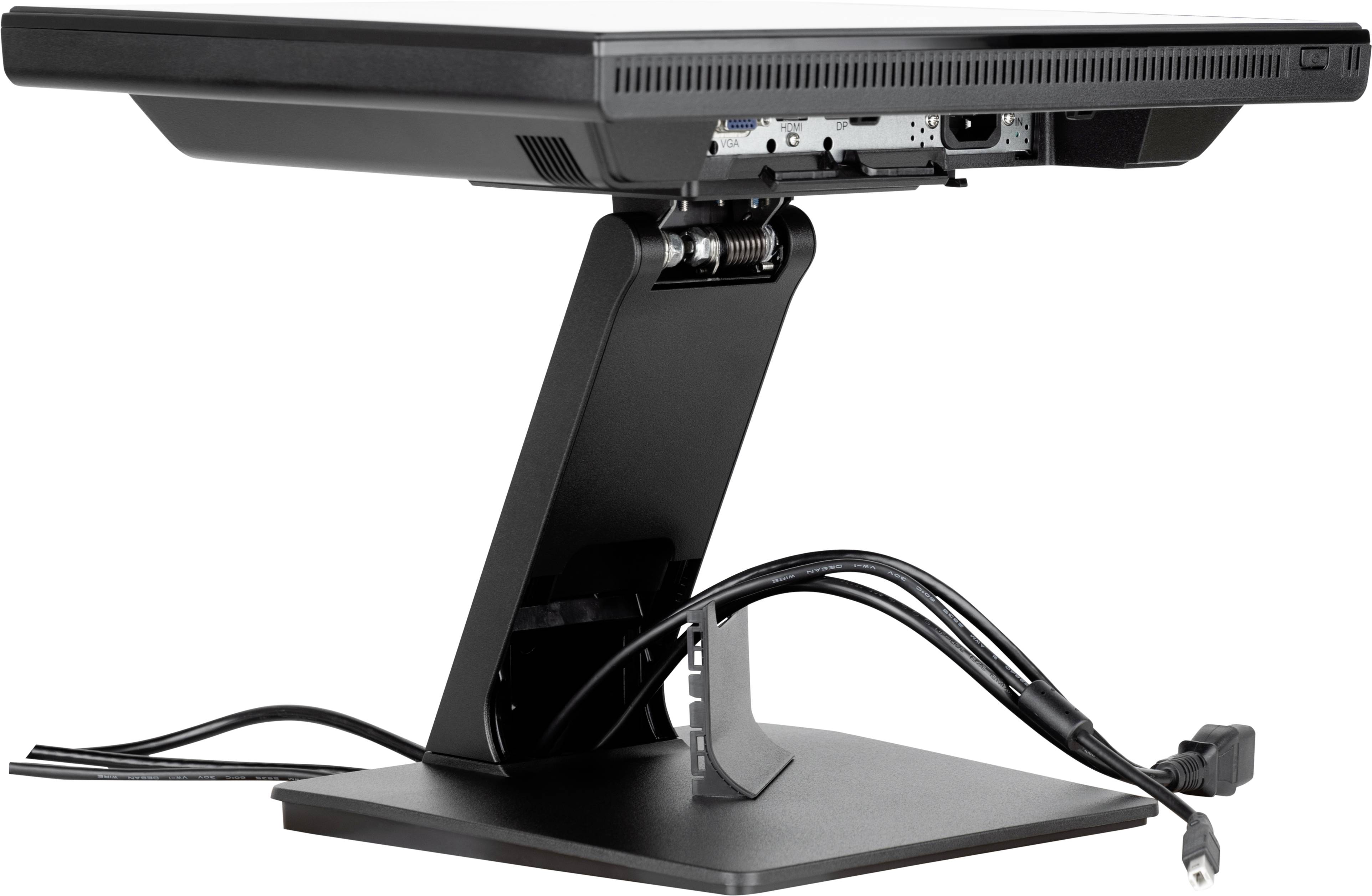 Ein Monitor mit Gehäuseneigung nach hinten, zeigt freiliegende Anschlüsse und Kabel auf der Rückseite; Strom- und Datenkabel sichtbar.