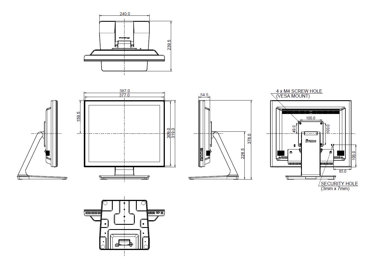 Technische Zeichnung eines Monitors aus verschiedenen Ansichten mit Abmessungen und Markierungen für Schraubenlöcher und VESA-Halterung.