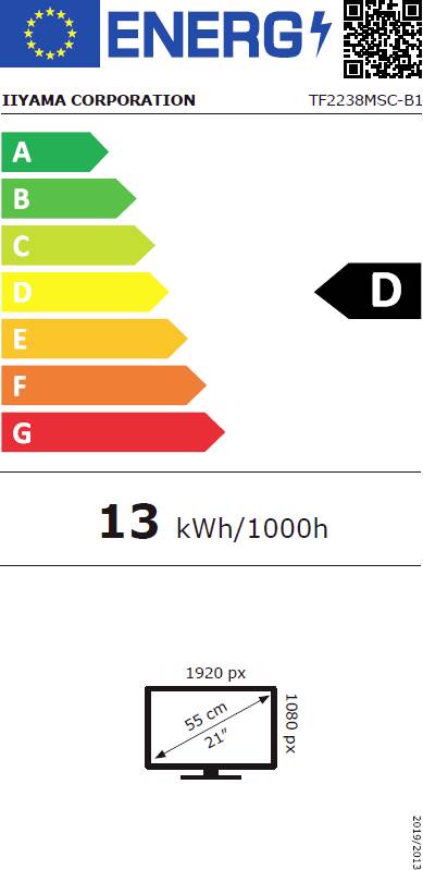Energieverbrauchskennzeichnung zeigt Klasse 'D', Energieverbrauch 13 kWh/1000h, Bildschirmgröße 55 cm (21 Zoll), 1920x1080 px.