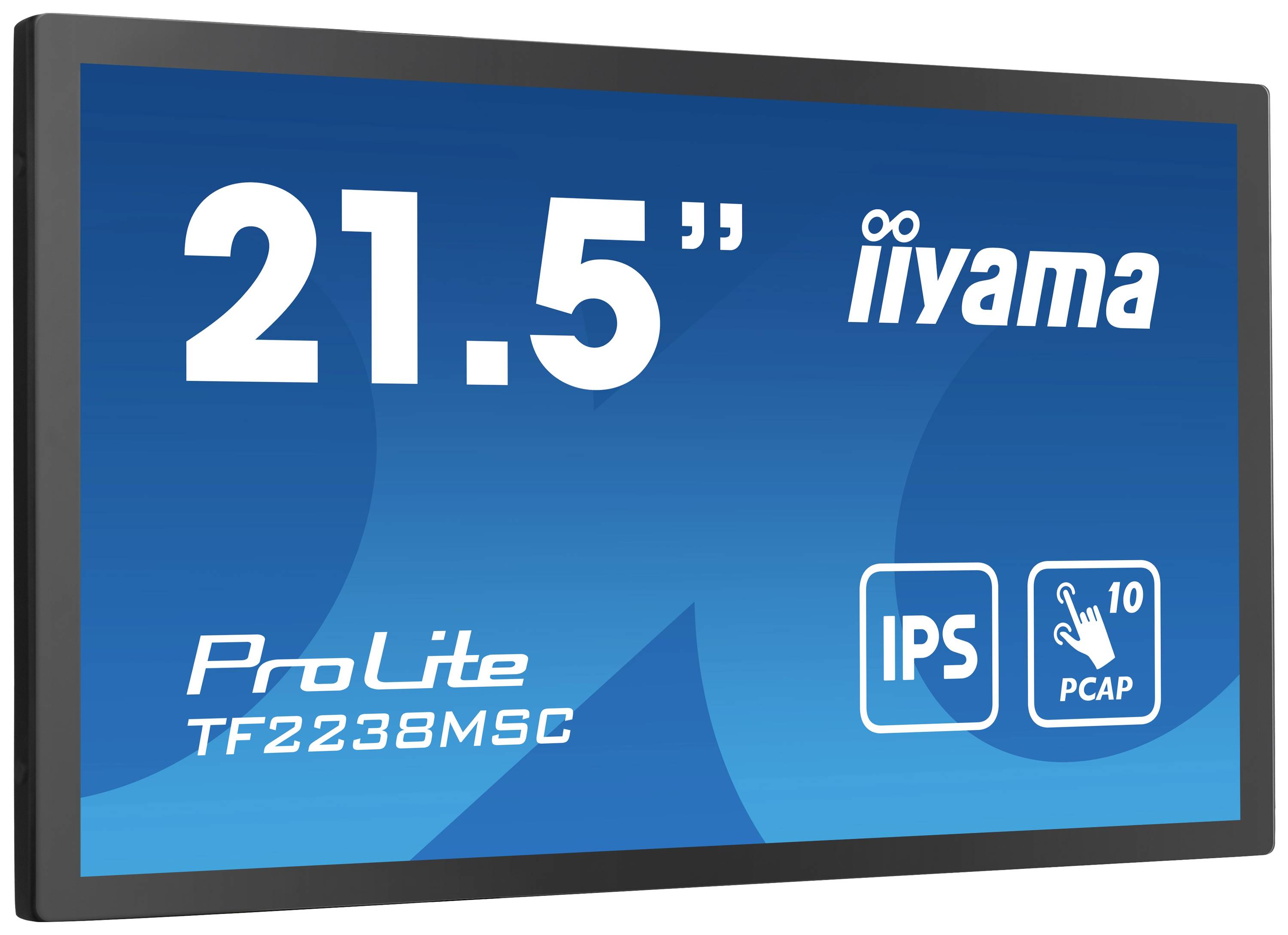 Monitorbildschirm mit der Aufschrift '21,5 Zoll', 'iiyama', 'ProLite TF2238MSC', 'IPS', 'PCAP 10 Punkte', blaue Hintergrundfarbe.