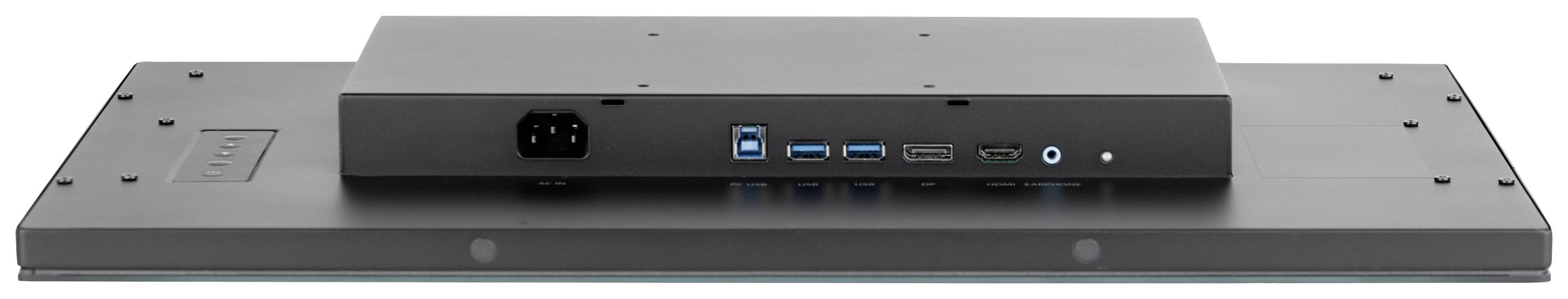 Rückansicht eines schwarzen Monitors mit mehreren Anschlüssen, darunter USB-Ports, HDMI und Stromanschluss.