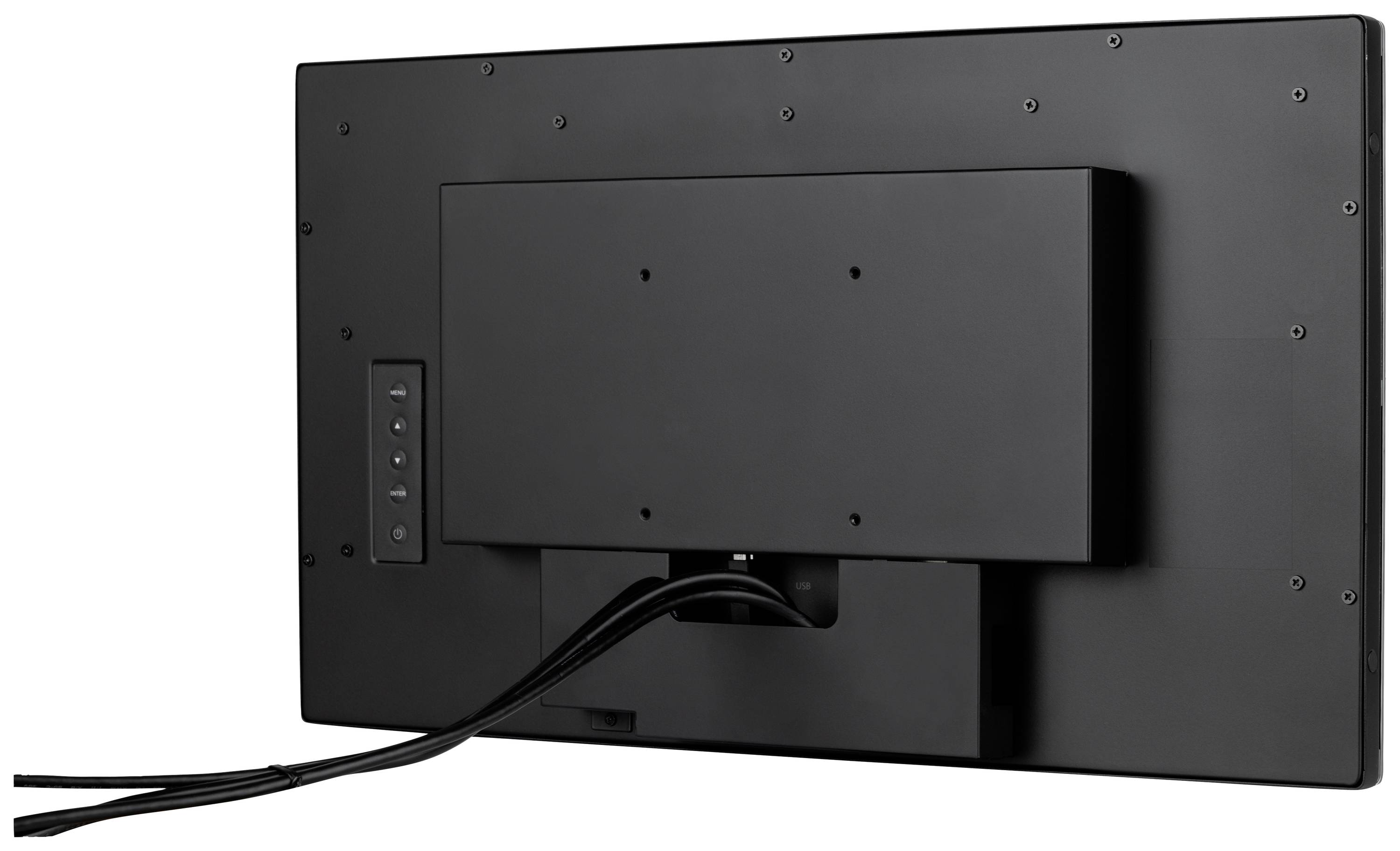 Rückseite eines schwarzen Monitors mit sichtbaren Anschlüssen und Kabeln, die nach unten verlaufen.