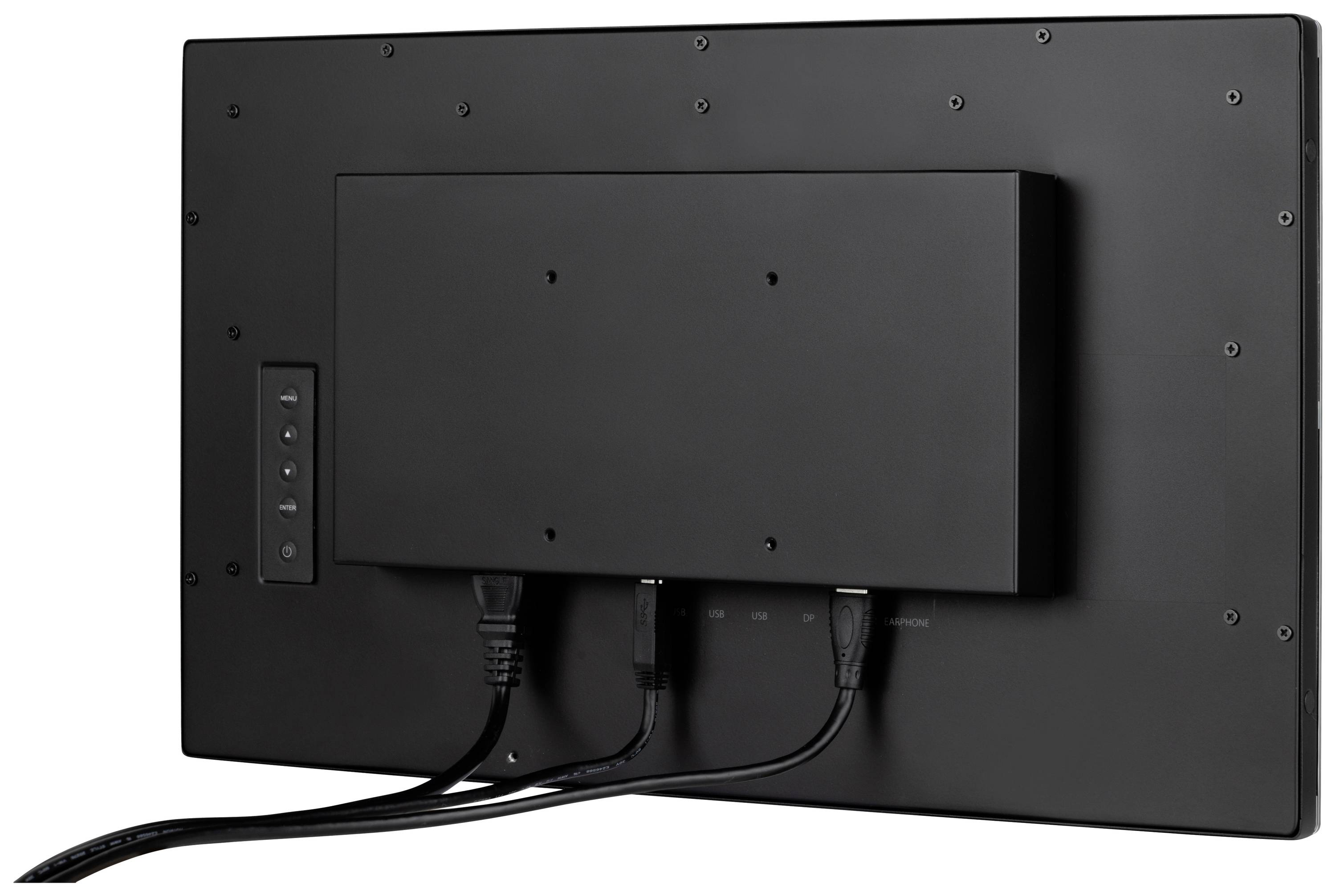 Die Rückseite eines schwarzen Monitors mit Kabeln in den Anschlüssen. Links seitlich befinden sich einige Tasten.
