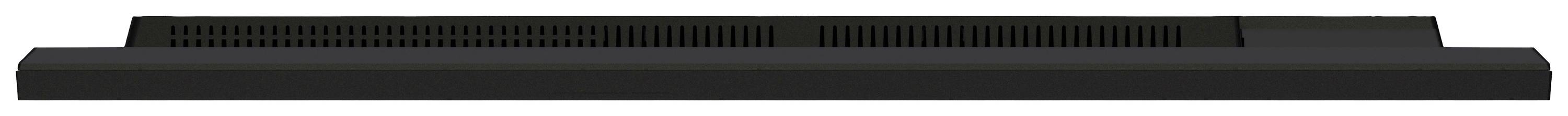 Ein schwarzer, rechteckiger Lautsprecher mit Lüftungsschlitzen, horizontal ausgerichtet.