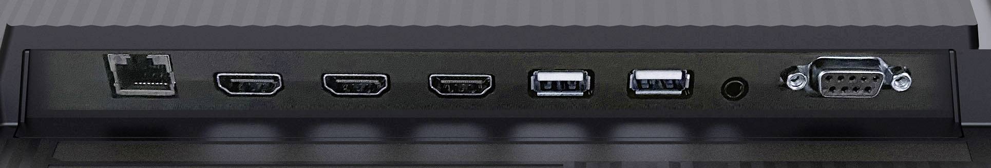 Rückseite eines Monitors mit Anschlüssen: Ethernet, drei HDMI-Ports, zwei USB-Ports, Kopfhörerbuchse und VGA-Anschluss.