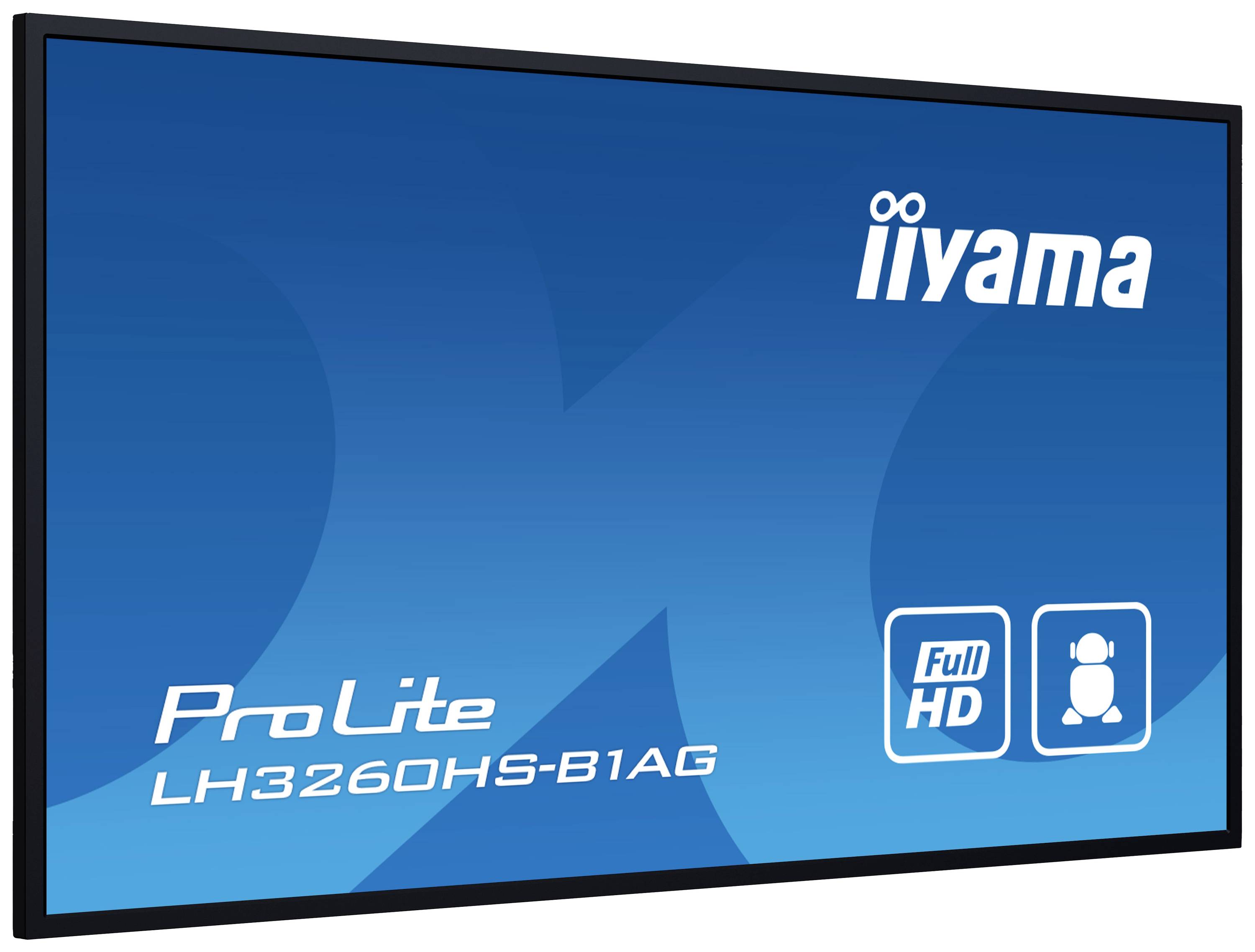 Ein blaues Werbebildschirm-Display von iiyama, Modell 'ProLite LH3260HS-B1AG' in Full HD, zeigt das Markenlogo und Modellname.