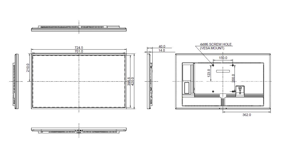 Technische Zeichnung eines rechteckigen Objekts mit Front- und Seitenansicht. Maße sind angegeben, inklusive Schraubenlöcher für VESA-Halterung.
